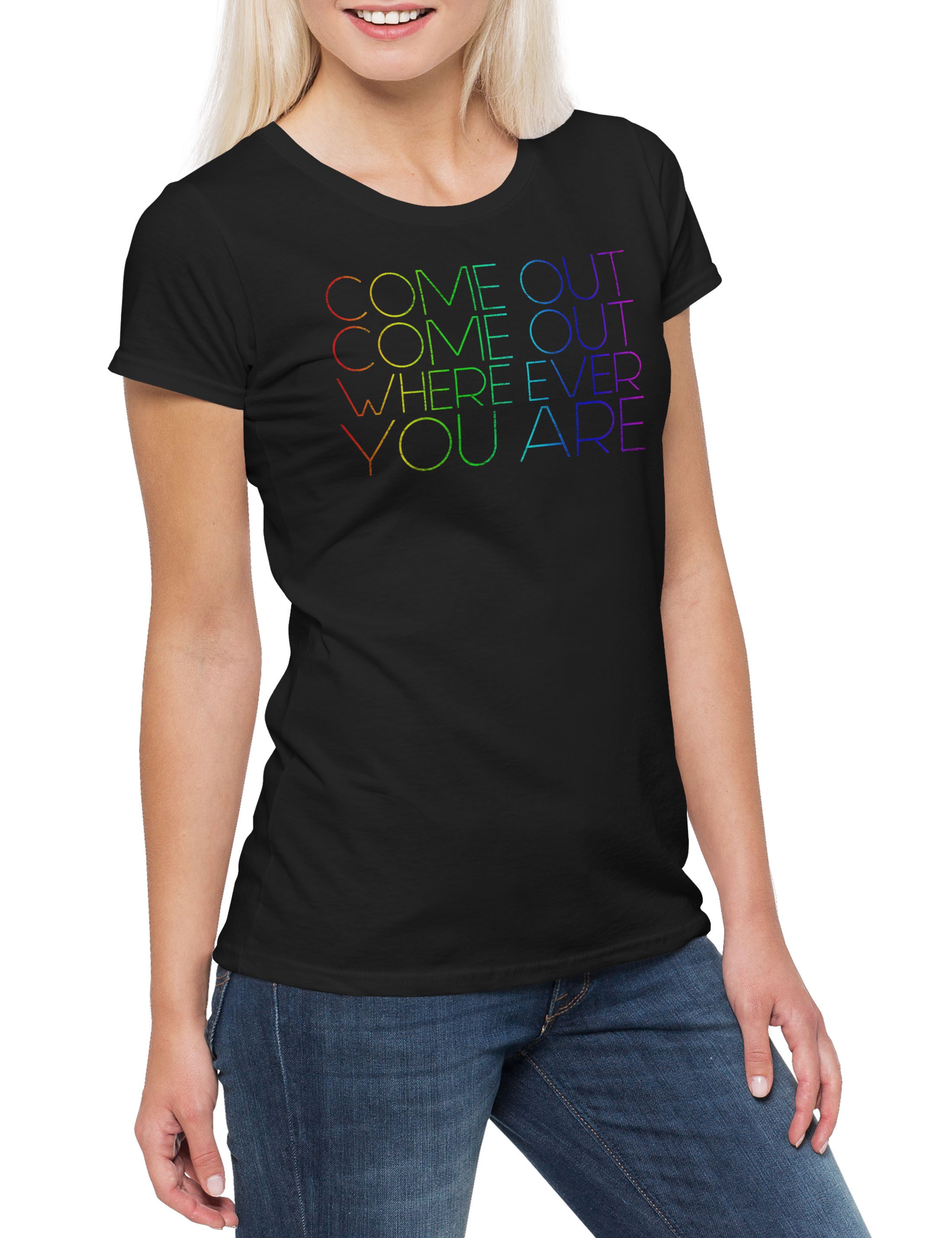 Print-Shirt Come Out Come Out Damen T-Shirt Queer Gay Schwul Lesbian Homosexuell