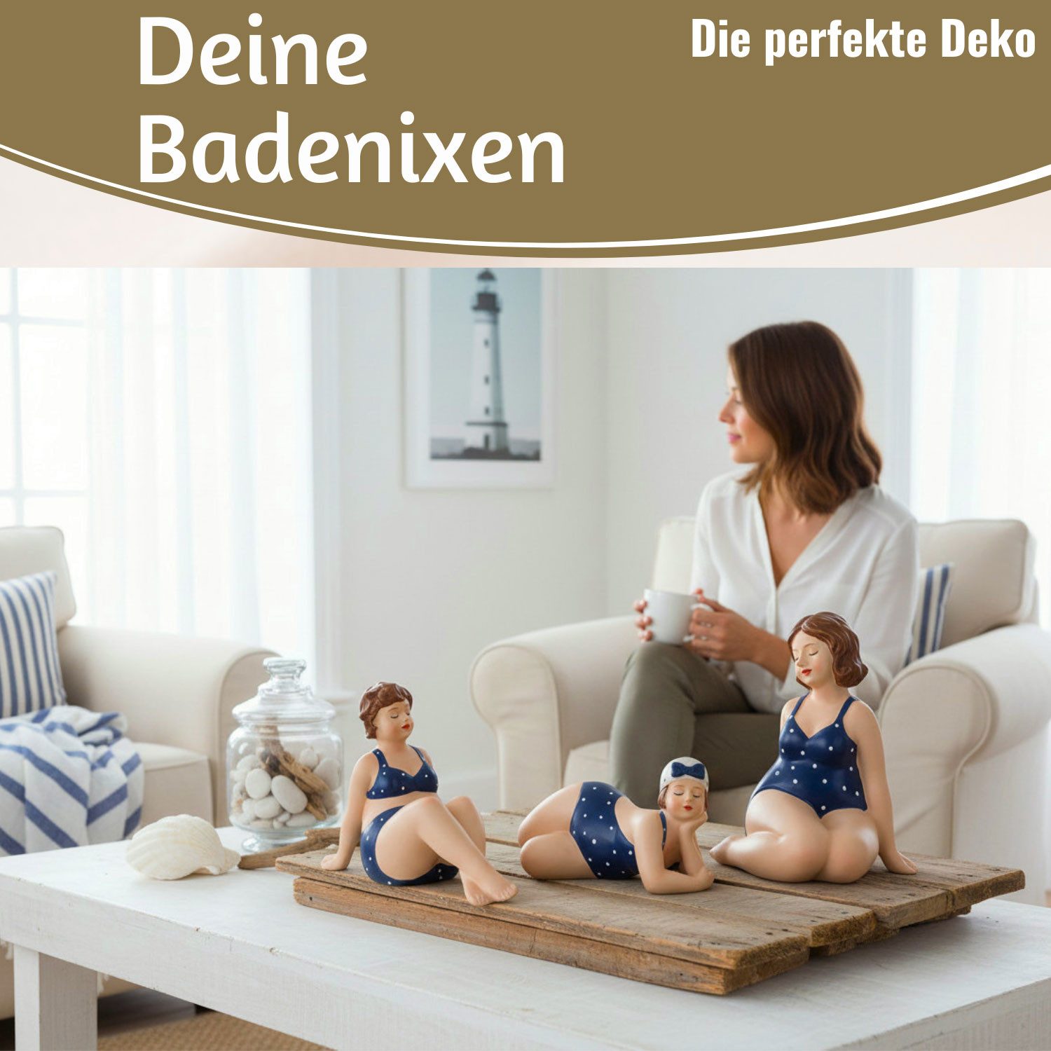 LS-LebenStil Dekofigur Set 3x Badenixe Figur Molly Maritim Blau Weiß Badefiguren (1 St., Maritime Stranddamen, Die Molly´s sind wahre Eyecatcher), 3-fach mollige Rubensfrauen im Retro Badeanzug, Deko im Badezimmer