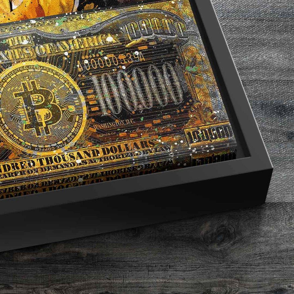 DOTCOMCANVAS® Leinwandbild Bitcoins Vision, Geld Motivation dollar ohne Bitcoin schwarz hundert Rahmen Wandbild tausend gold