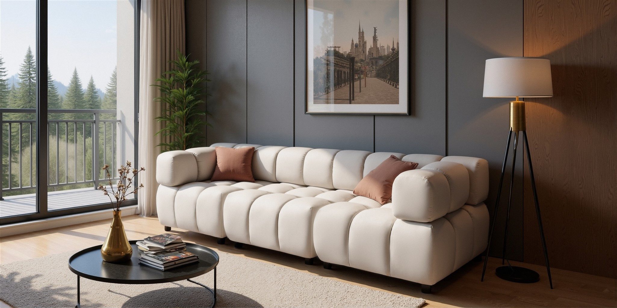 Fun Möbel 3-Sitzer Designersofa 3-Sitzer FUN MANOLO in Velourstoff (Bluvel), mit Hocker zum Ecksofa erweiterbar, Rundumbezug