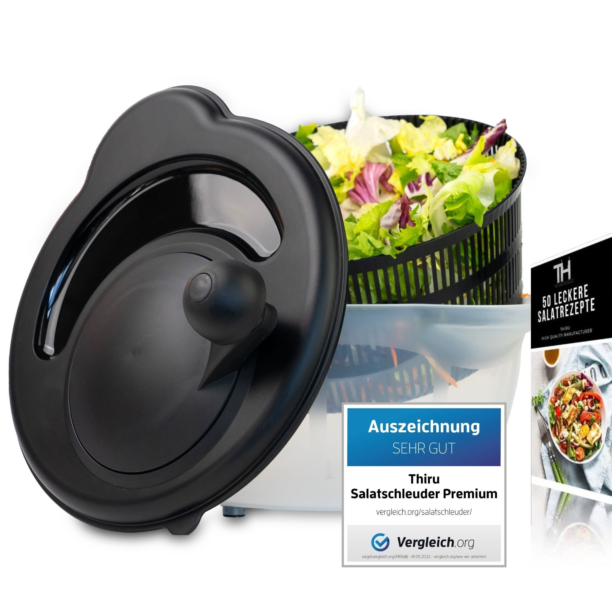 Thiru Salatschleuder Premium Salatschleuder 5L - Made in Germany - BPA Frei, 5 Liter, BPA frei, Rutschfest, Leichtes Kurbeln