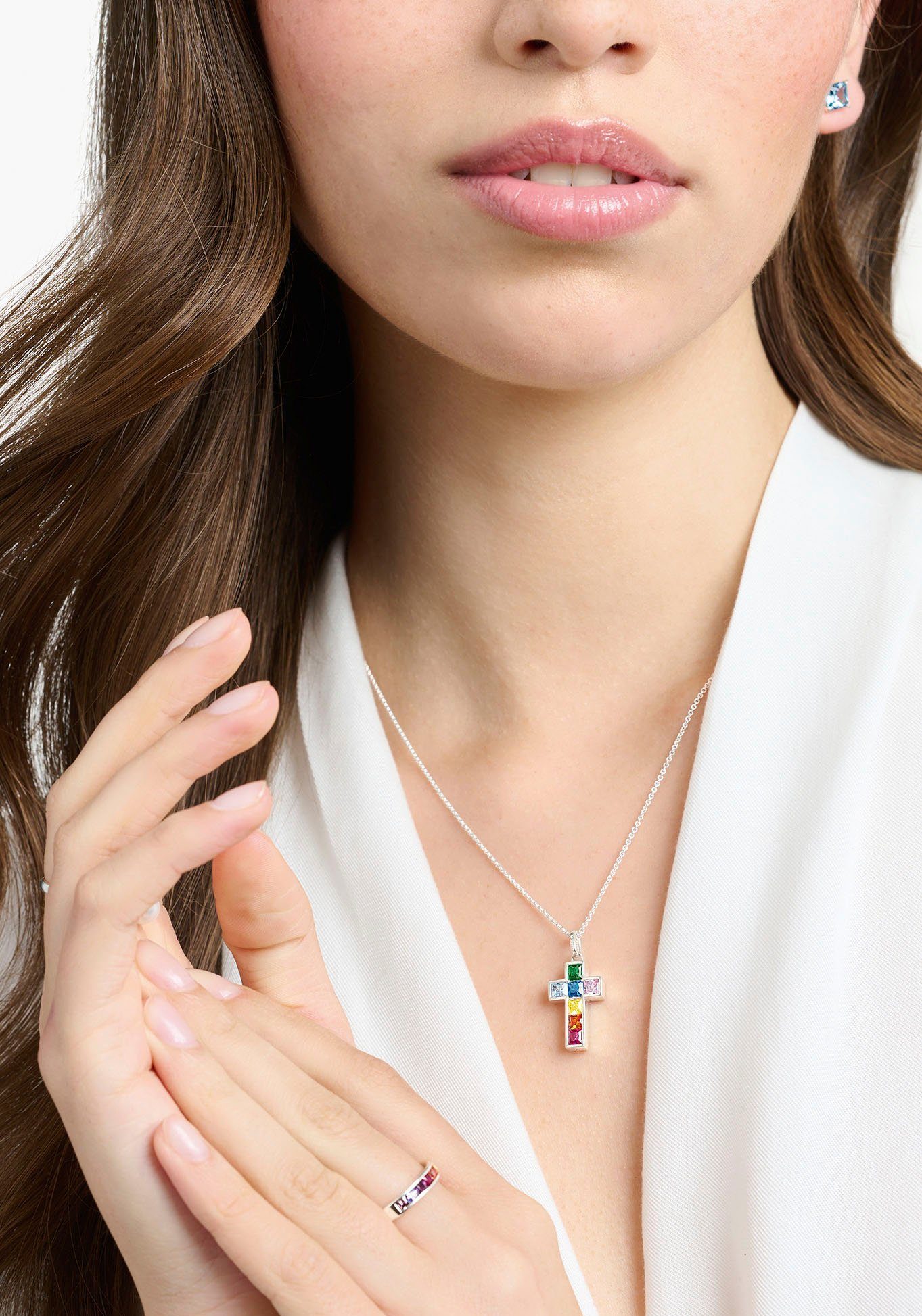 THOMAS SABO Kreuzkette Kreuz, mit Glas-Keramik Stein, Korund (synth), Zirkonia (synth)