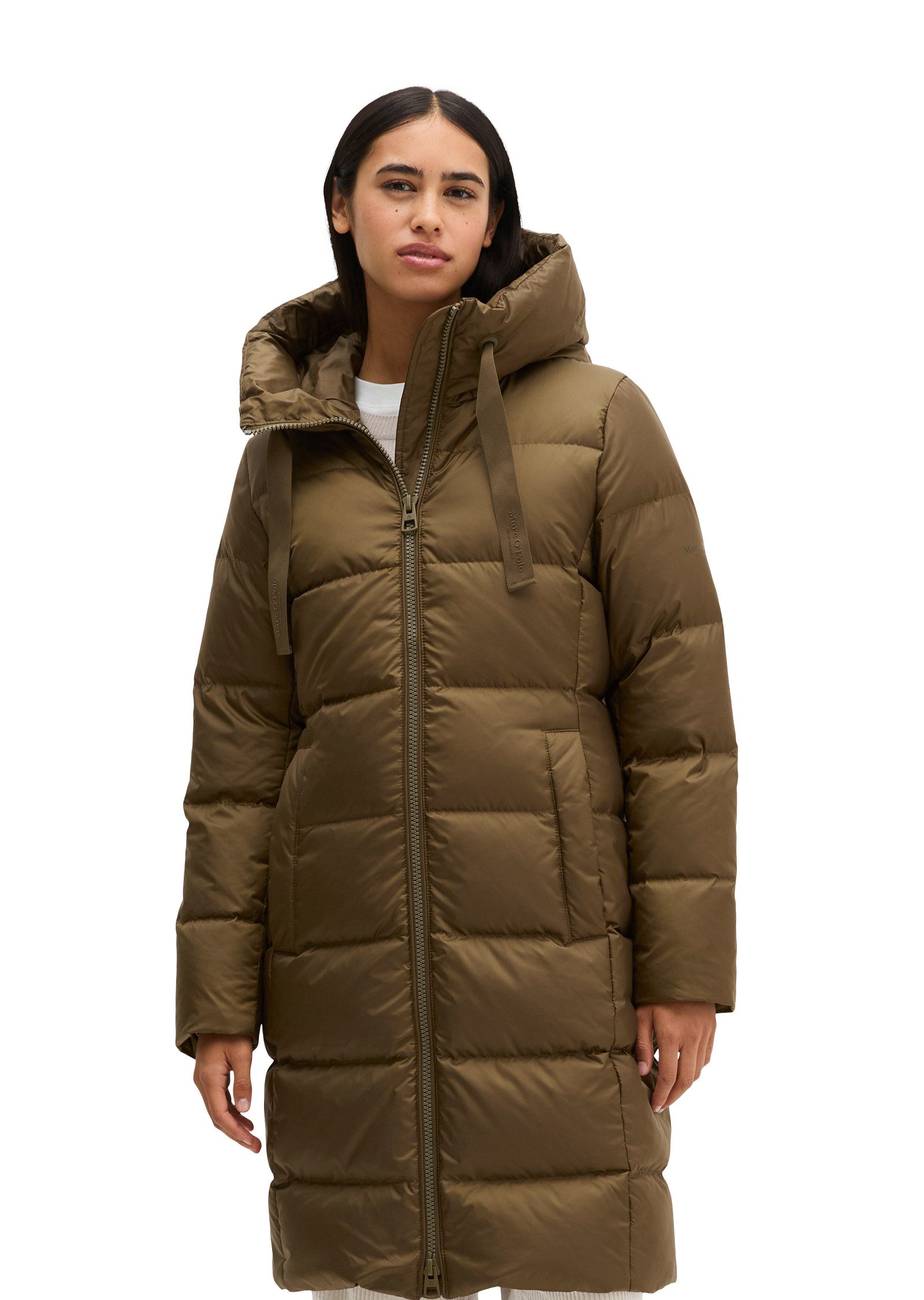 Marc O'Polo Daunenmantel mit 2-Way-Zipper, großer Kapuze und Label-Band