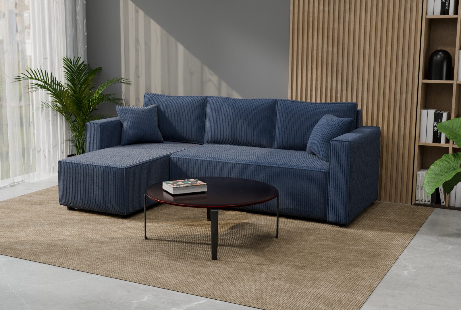 Goldstoff Ecksofa mit Schlaffunktion & Bettkasten, – modernes Sofa klein, Eckcouch, Cordstoff / Cordbezug