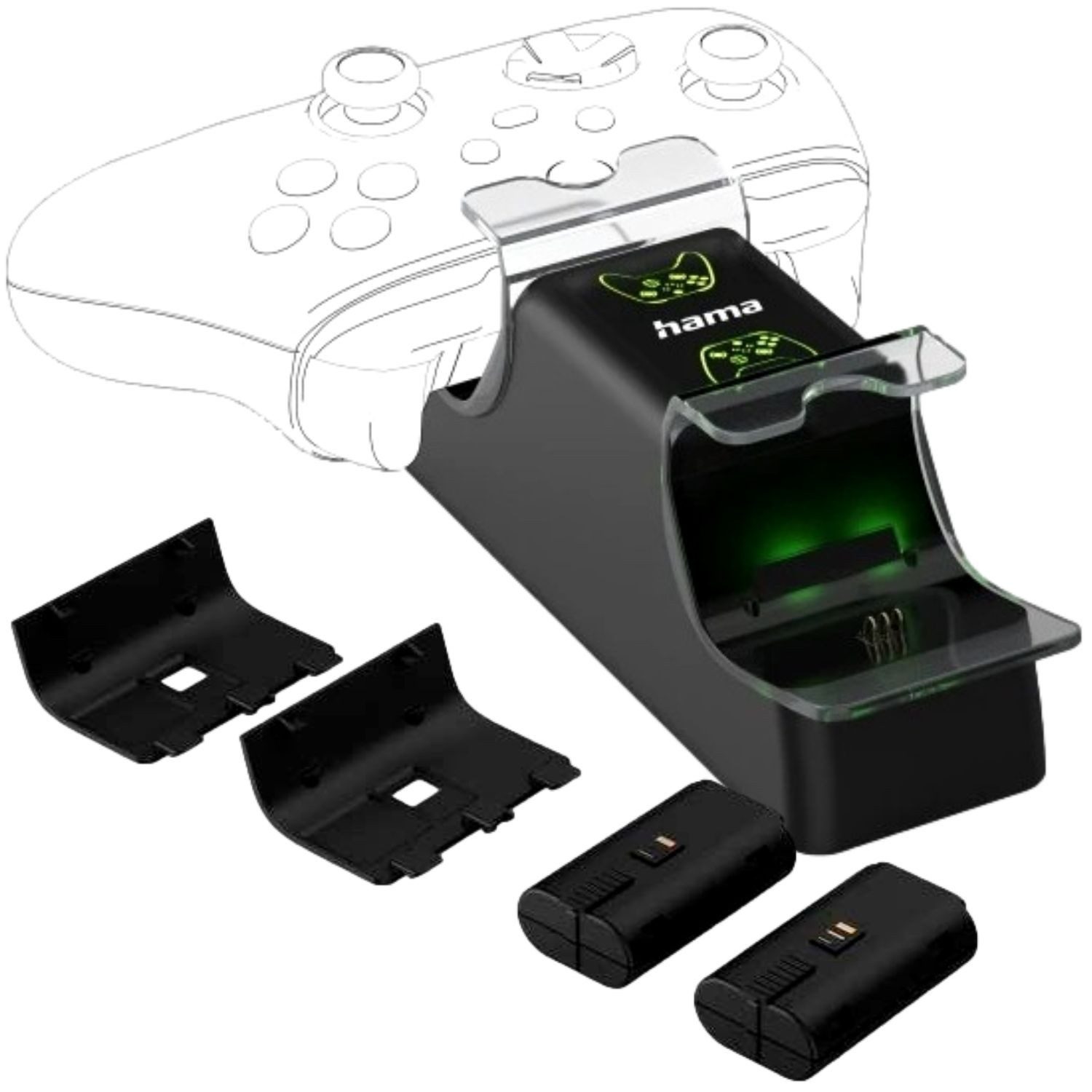 Hama Ladestation für XBOX Serie X S Wireless Controller Controller-Ladestation (Docking + 2x Akku, Spar-Set, USB Ladegerät Docking Dock Standfuß Lader 2x Port Ladeanzeige)