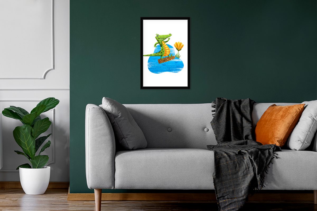 MuchoWow Poster Krokodil - Wanddeko, Gerahmtes Bilder, Wandposter, Blume Dschungel, Schwarzem - (1 Bilderrahmen St), Poster