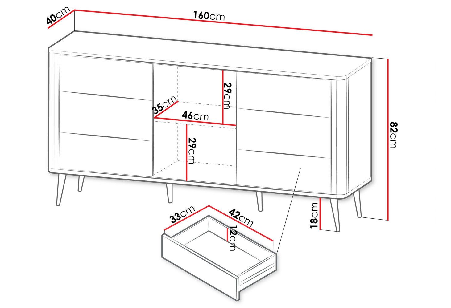 Feldmann-Wohnen Kombikommode Marly (1 Drehtür, 1 Einlegeböden, 6 Schubladen, 1 St., moderne Optik, abgerundeter Korpus, Zugengriffe aus Metall), 160x40x82cm Kaschmir / Graustein