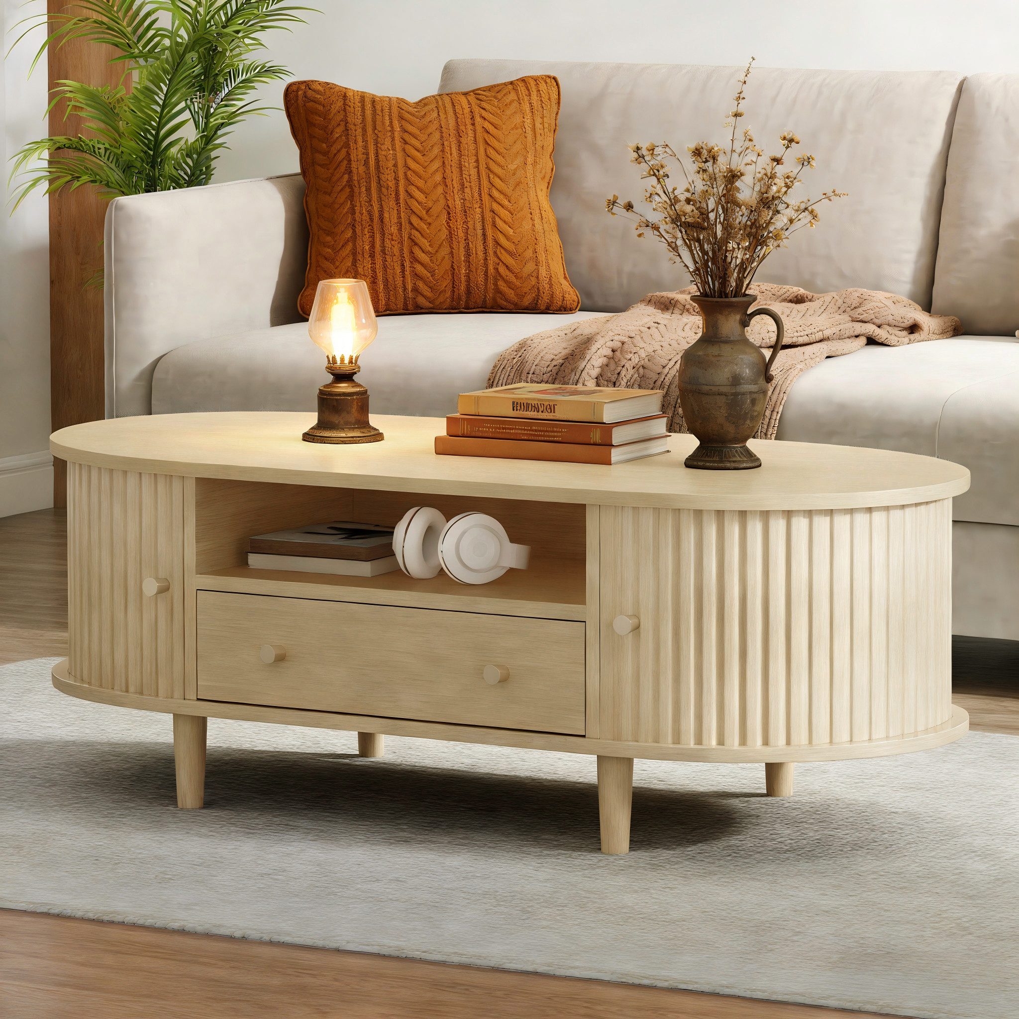 Merax Couchtisch Ovaler Kaffeetisch Sofatisch Beistelltisch (1-St), Wohnzimmertisch mit Schublade,Rolltüren & offenem Stauraum,100x50x36cm