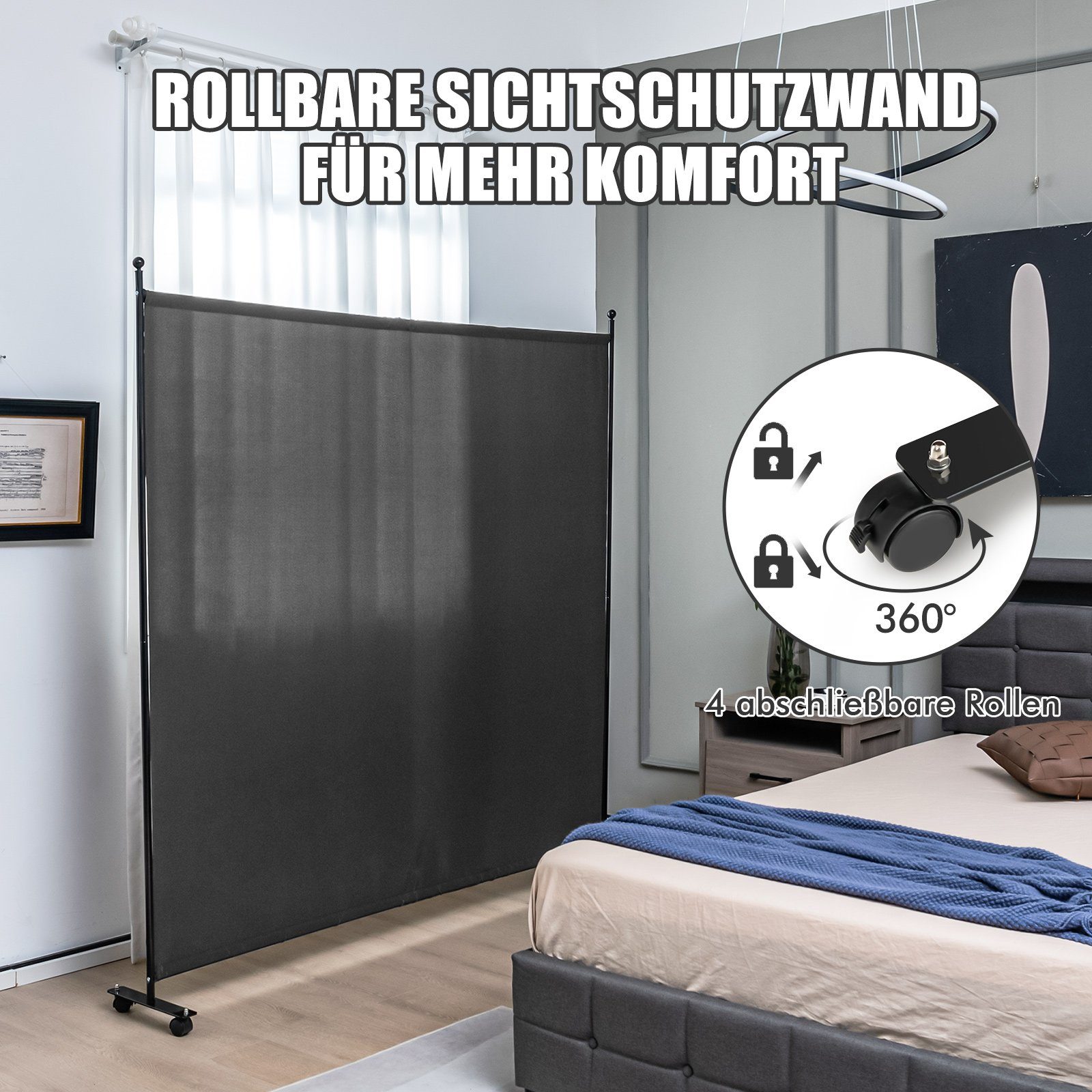 COSTWAY Paravent, Raumteiler auf Rollen, faltbar, 184 x 184cm