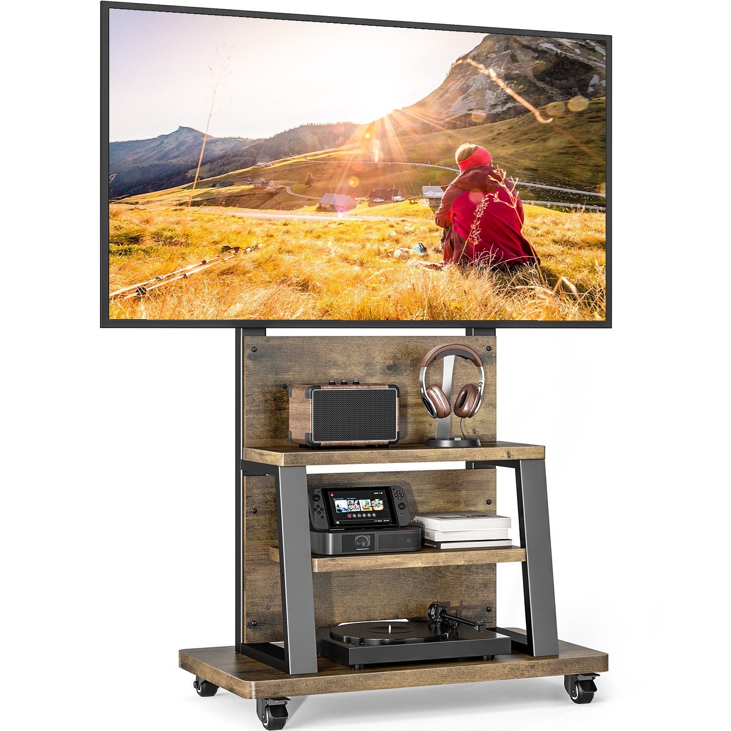 Rfiver TV-Ständer 65*40*139.6cm, mit Rollen für 32–75 Zoll, Marron, (bis 75 Zoll, 1-tlg., TV Rollständer mit viel Stauraum, Höhenverstellbarer, 68 kg)
