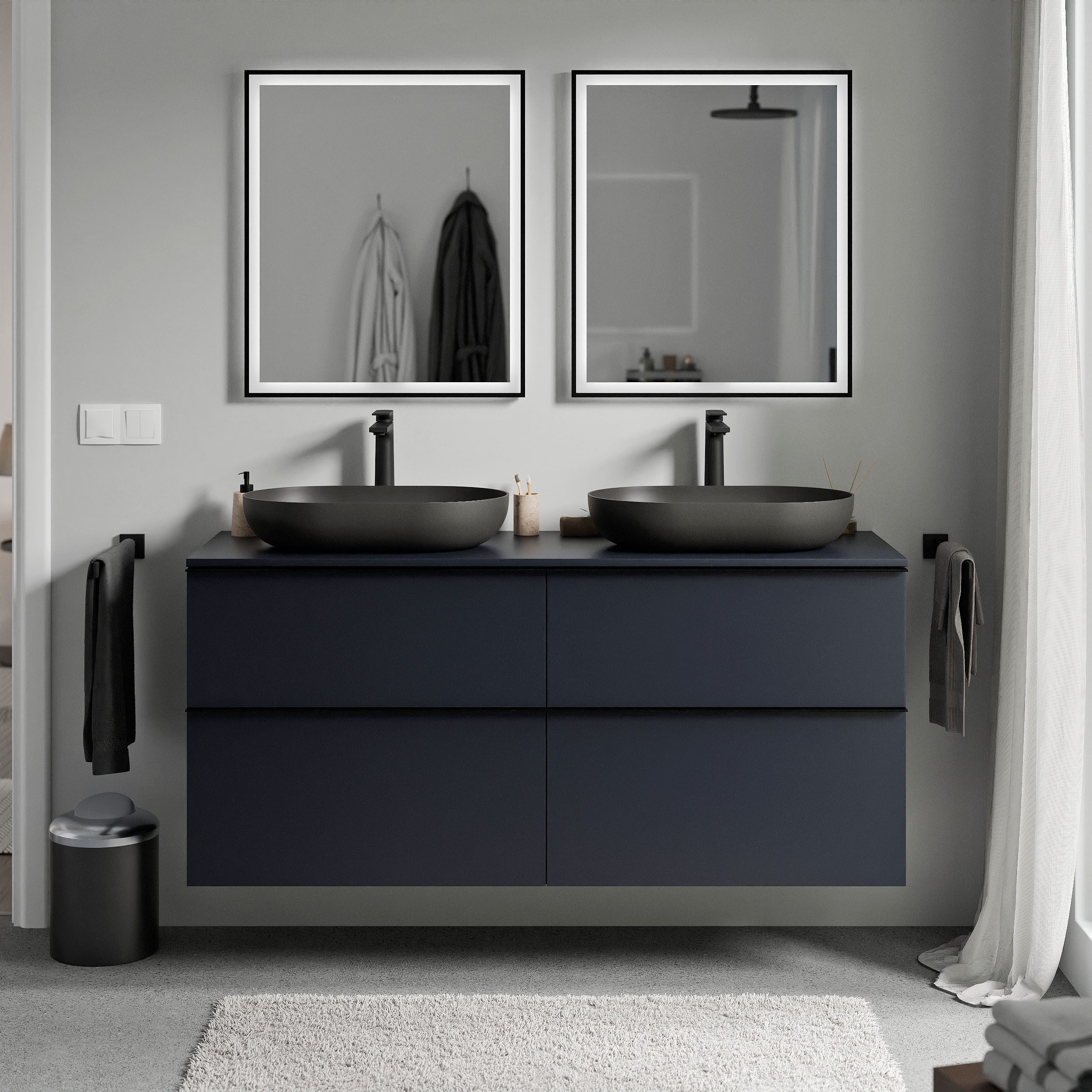 Bernstein Waschbeckenunterschrank LAVOA 120cm Mitternachtsblau matt Unterschrank Aufsatzbecken Platte Mitternachtsblau matt Griff Chrom