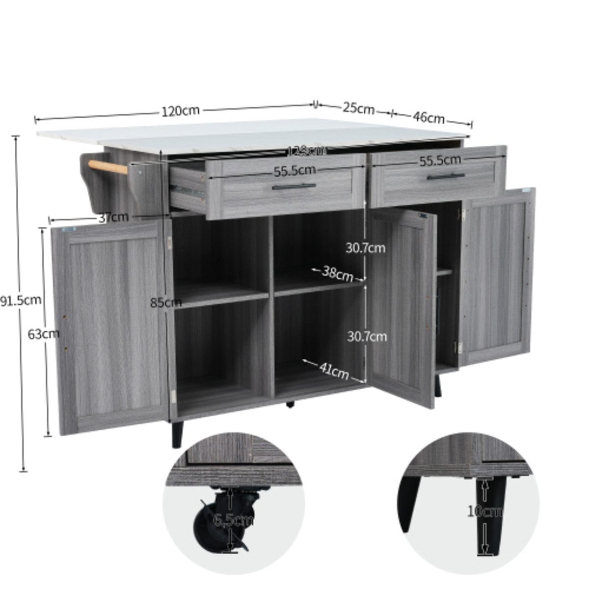 Flieks Küchenwagen mit erweiterbarer Arbeitsplatte (Rollen/Massivholzbeine austauschbar), (1 St., Rollen/Massivholzbeine austauschbar), Kücheninsel mit 3 Schubladen und 2 Türen Küchenschrank Sideboard