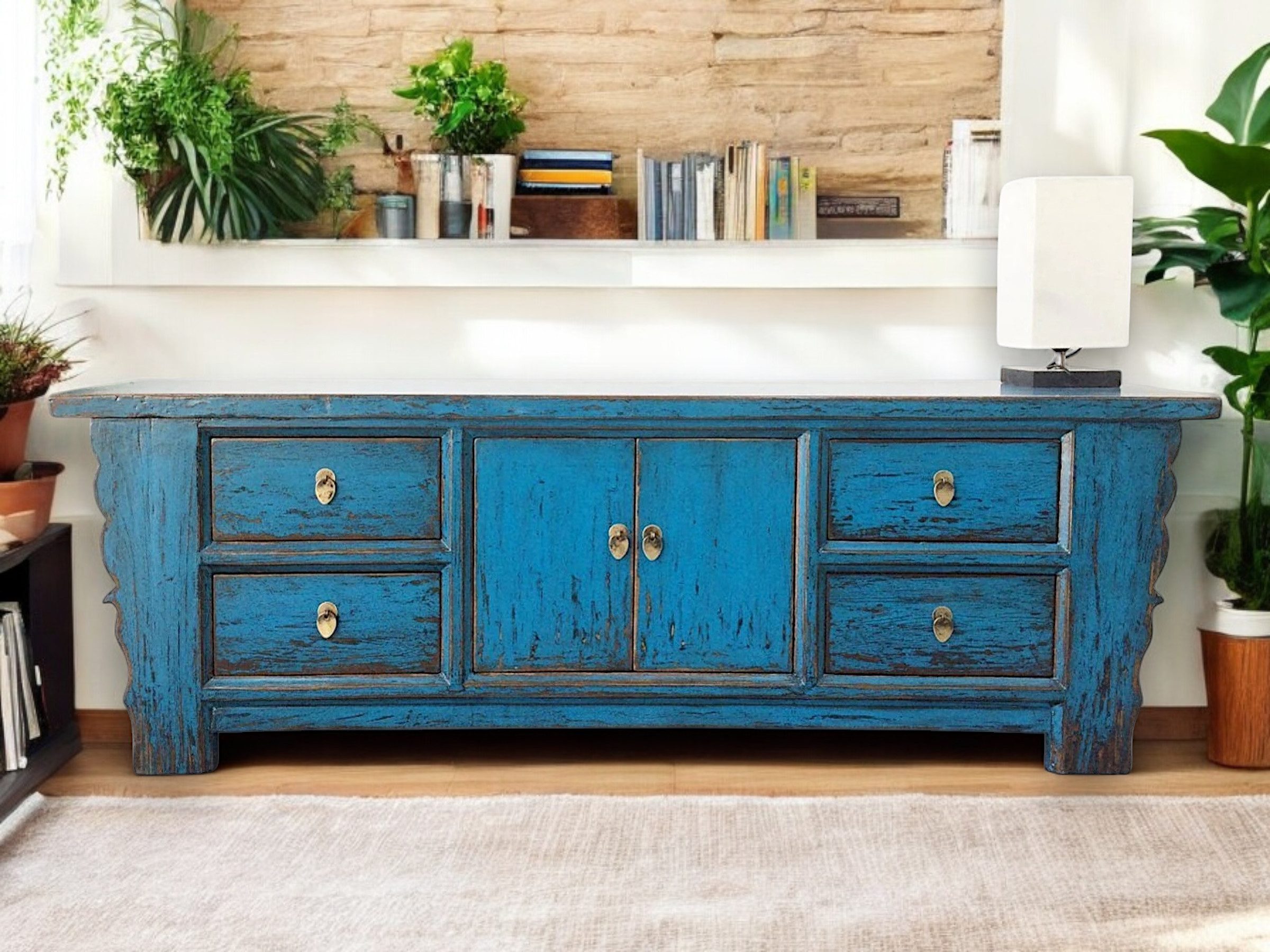 OPIUM OUTLET Lowboard Asiatische Kommode Chinesischer Schrank Orientalisches TV Lowboard (Asia Möbel Vintage-Stil, Sideboard asiatisch chinesisch orientalisch, blau, komplett montiert), Breite x Tiefe x Höhe: 177 cm x 45 cm x 60 cm