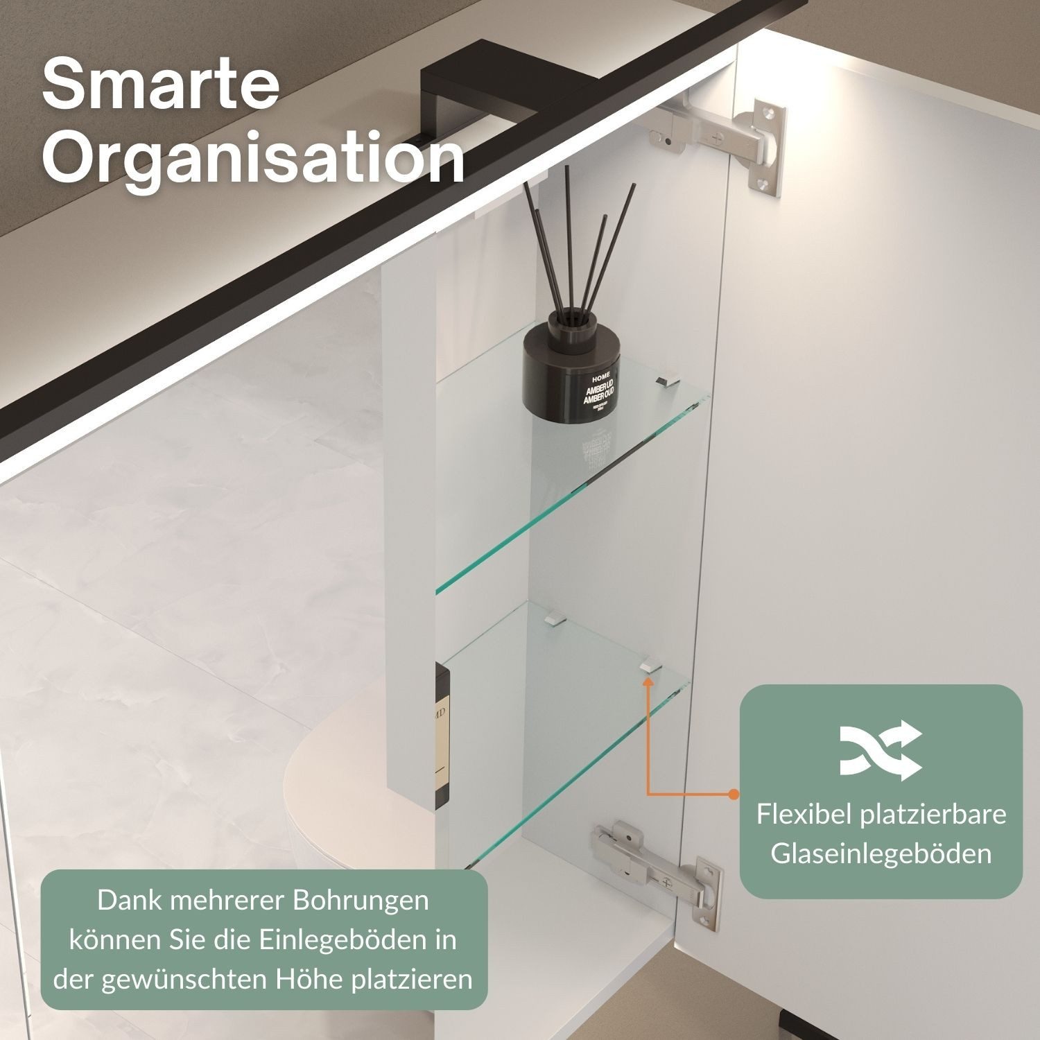 Planetmöbel Spiegelschrank ARIA Badschrank 100 cm mit Beleuchtung & Steckdose, Glaseinlegeböden (Spiegelschrank Bad 100 cm mit Beleuchtung und Steckdose, Badspi – Bild 4 von 5
