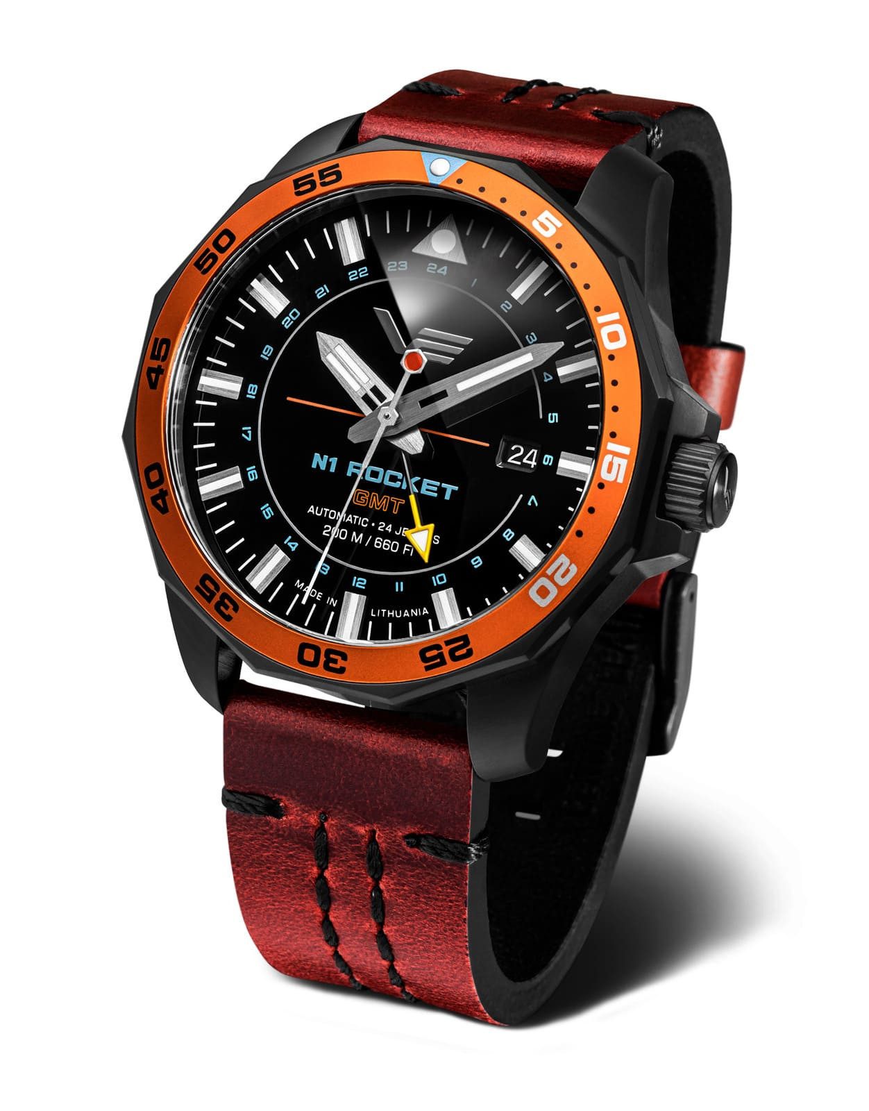 Vostok Europe Automatikuhr Rocket N1 – 46 mm Herrenuhr mit schwarzem Zifferblatt 225C714-L, & rotem Lederarmband