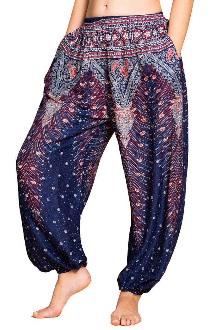 PANASIAM Stoffhose Muckhose im Peacock Design leichte Sommerhose als Haremshose aus hochwertiger natürlicher Viskose Pumphose Freizeithose V05 Dunkelblau