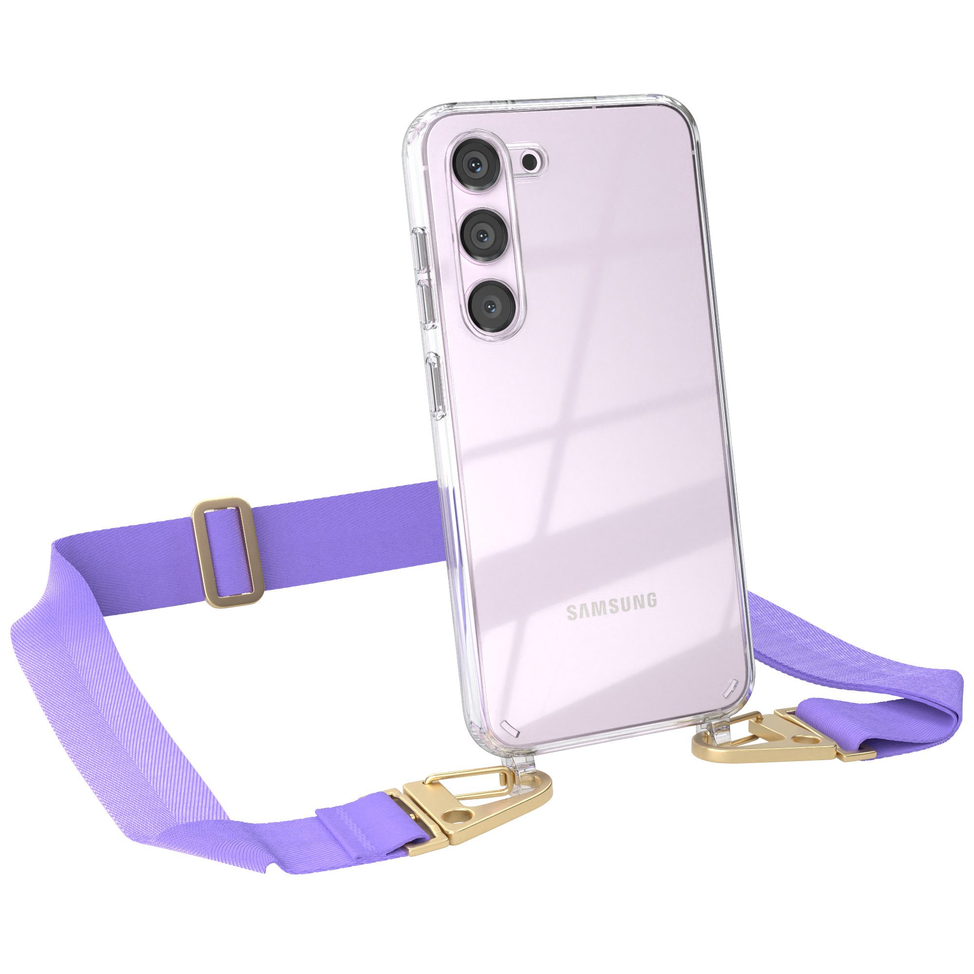 EAZY CASE Handykette Silikon Kette Karabiner für Samsung Galaxy S23 6,1 Zoll, Hülle mit Band 2in1 Handyband Etui Case mit Kordel Flieder Lila Gold
