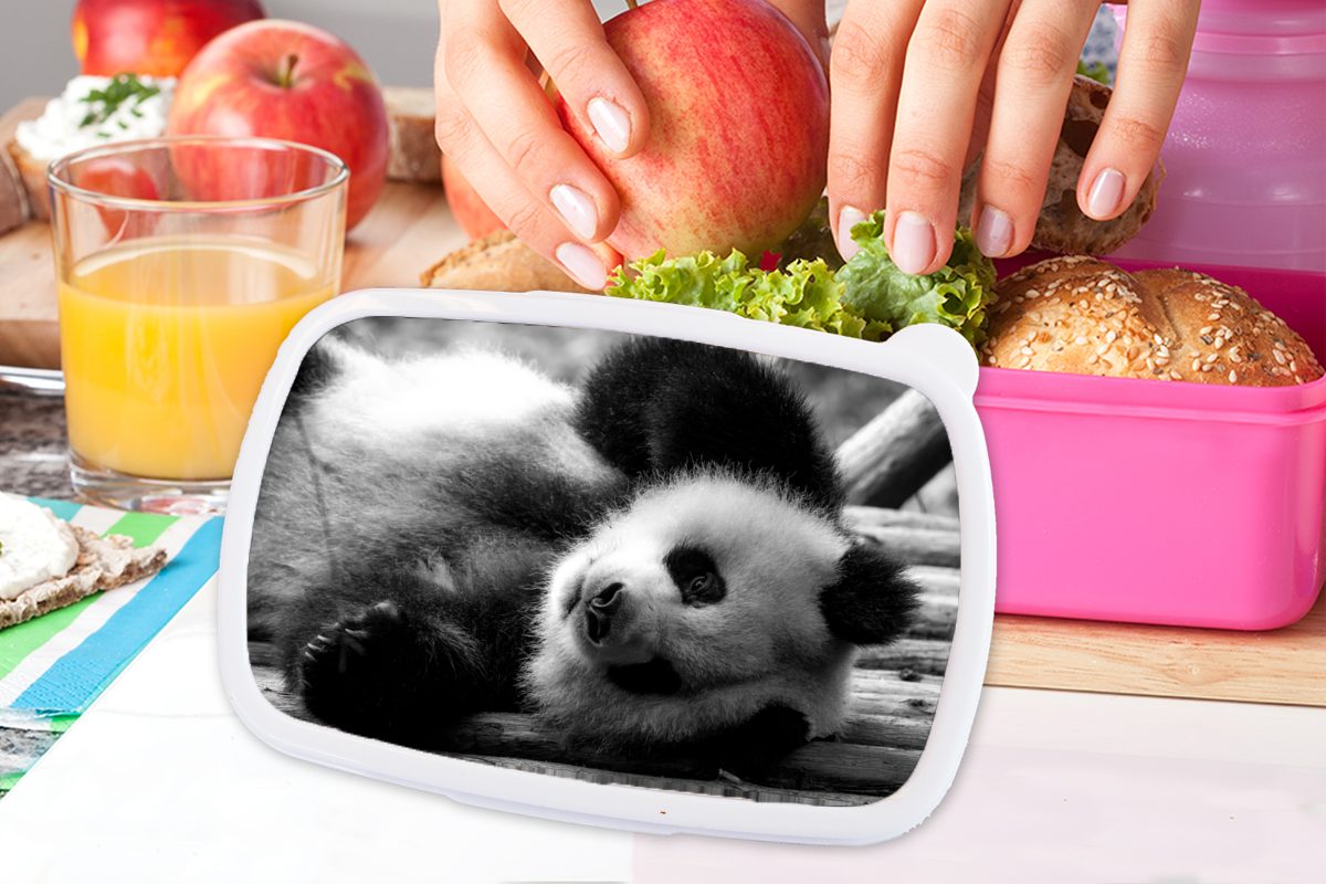 Erwachsene, für schwarz Panda in Tierprofil Kinder, und Brotbox (2-tlg), Brotdose MuchoWow Kunststoff rosa weiß, Mädchen, Snackbox, Lunchbox rollenden Kunststoff,