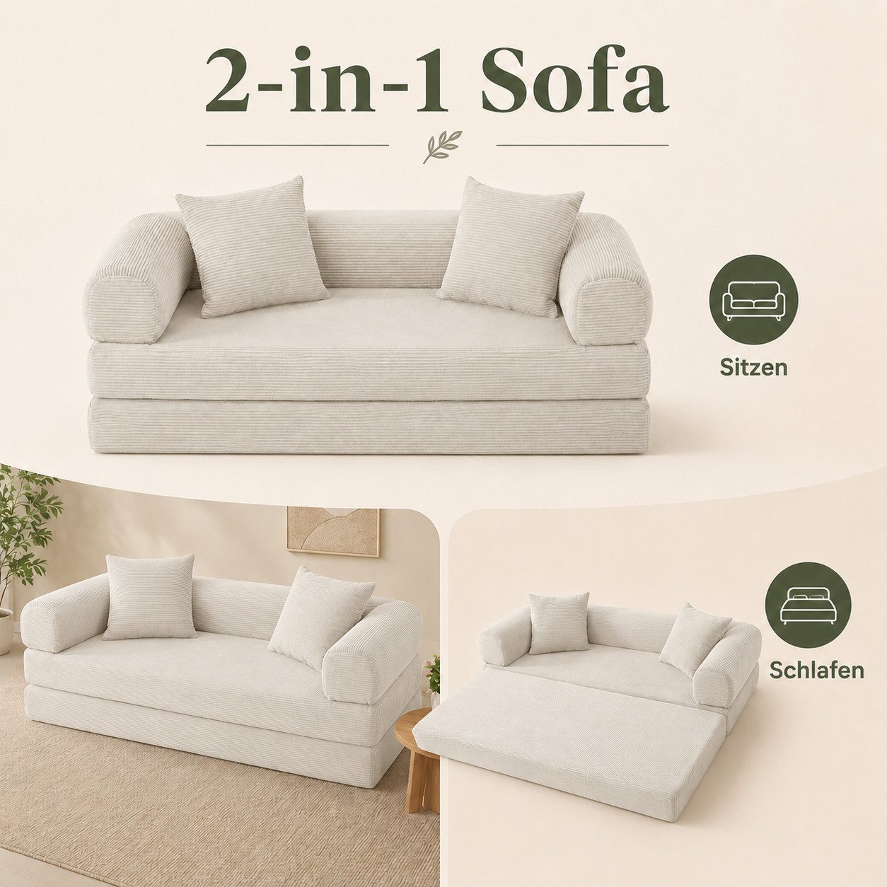 ANYSUN Sofa 3-Sitzer Schlafsofa Cord,Boden Schlafsofa Convertible, Sofas wohnzimmer Loungesofa Schlafcouch Tagesbett mit Schlaffunktion, (195x89 CM) geeignet für Apartments Wohnzimmer, Schlafzimmer