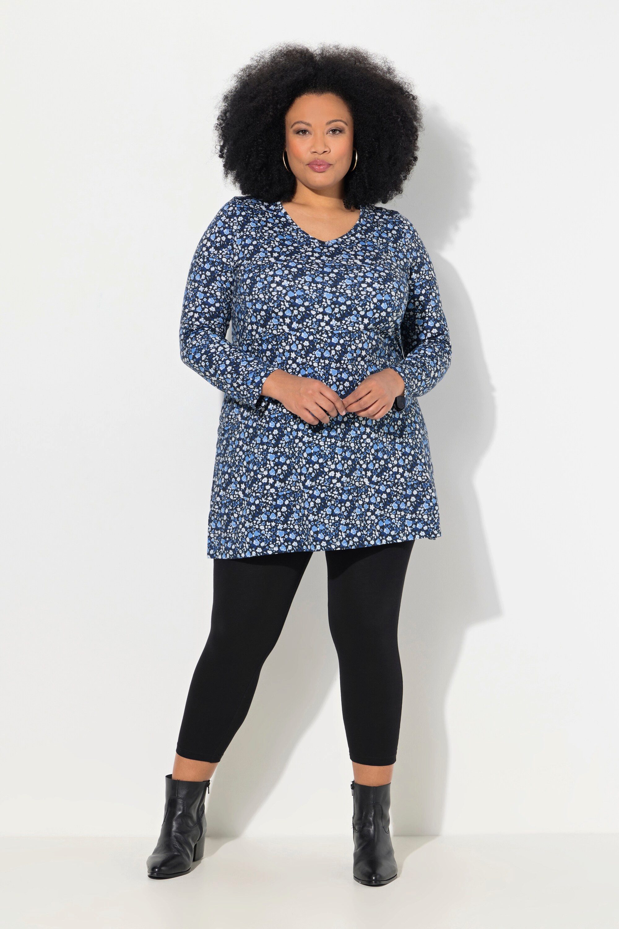 Longshirt Longshirt gemustert A-Linie V-Ausschnitt Langarm