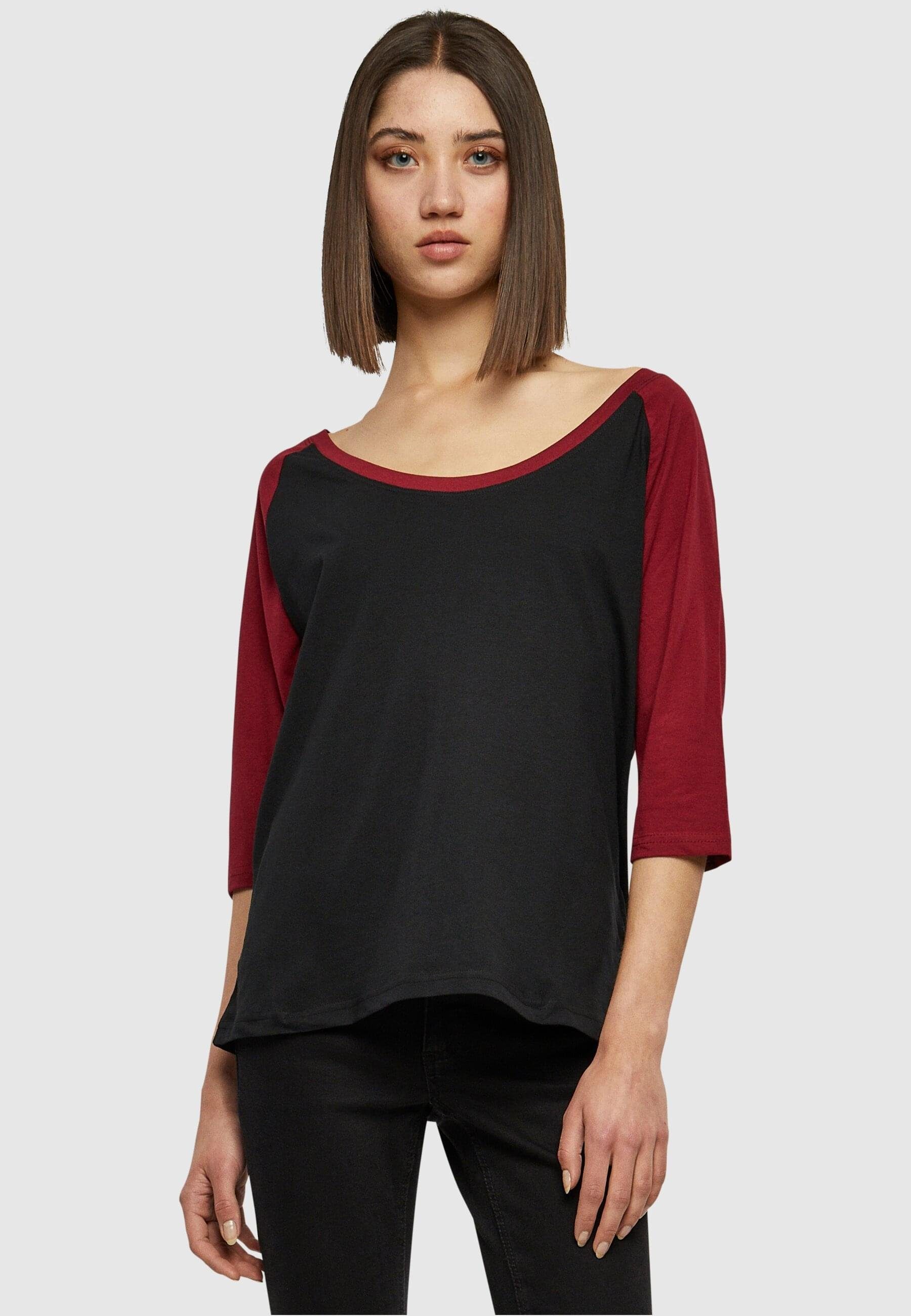 URBAN CLASSICS Kurzarmshirt Tee Ladies Contrast Raglan black/burgundy (1-tlg) Damen 3/4