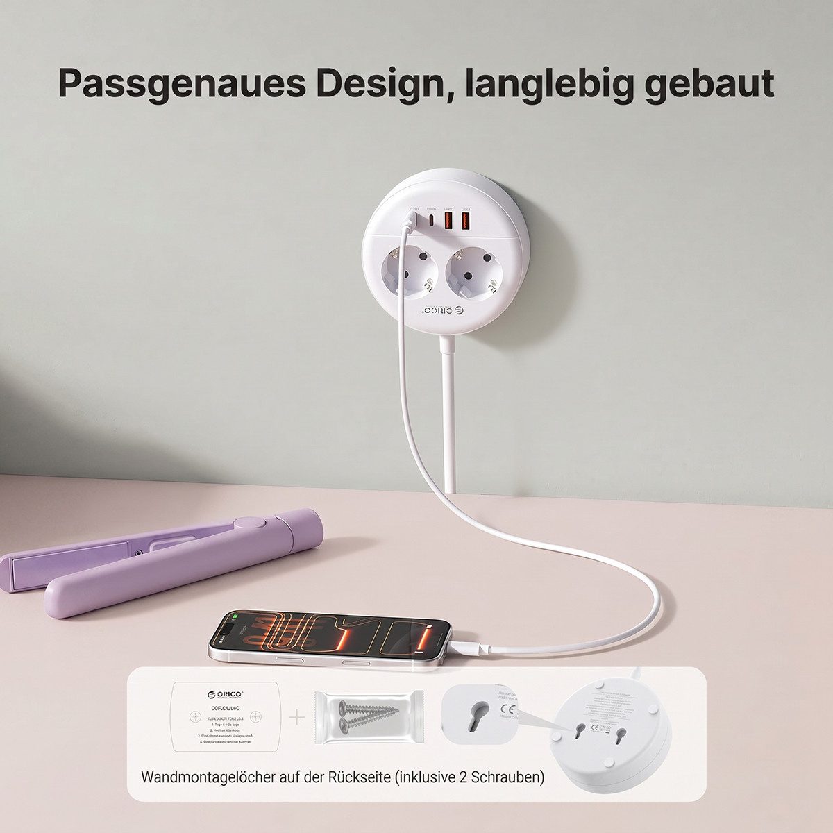 ORICO Steckdose Runde Steckdosenleiste mit USB-C PD 20W, 2 Steckdosen & 4 USB (2× USB-C), 1-St., 1,5 m Kabel, Wandmontage & Sicherheitsverschluss, 2500W für Bür – Bild 4 von 5