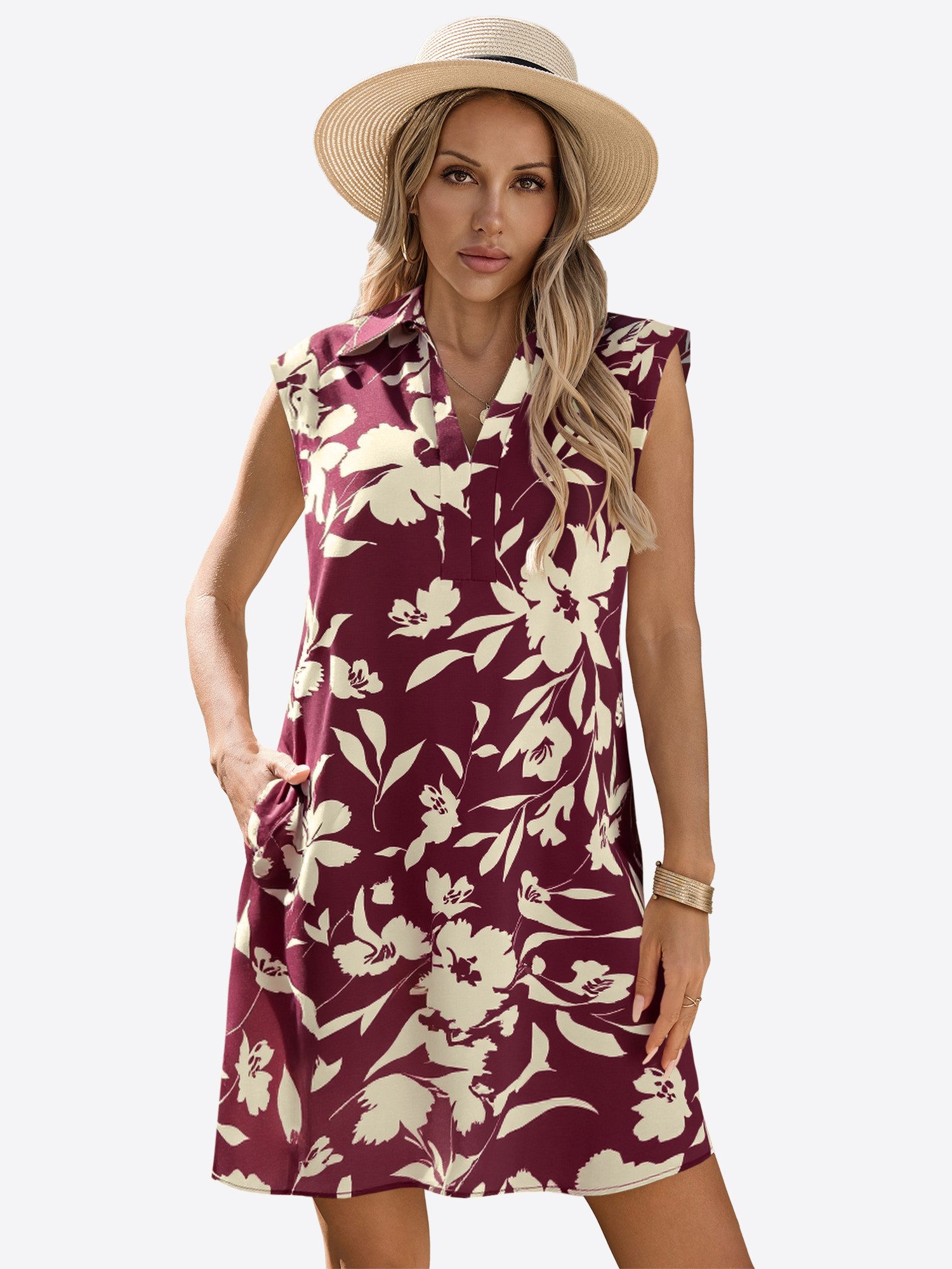 Imily Bela Druckkleid Damen ärmellos Blumenmuster mit V-Ausschnitt und Seitentaschen (Packung, 1-tlg., 1per-Pack) Print
