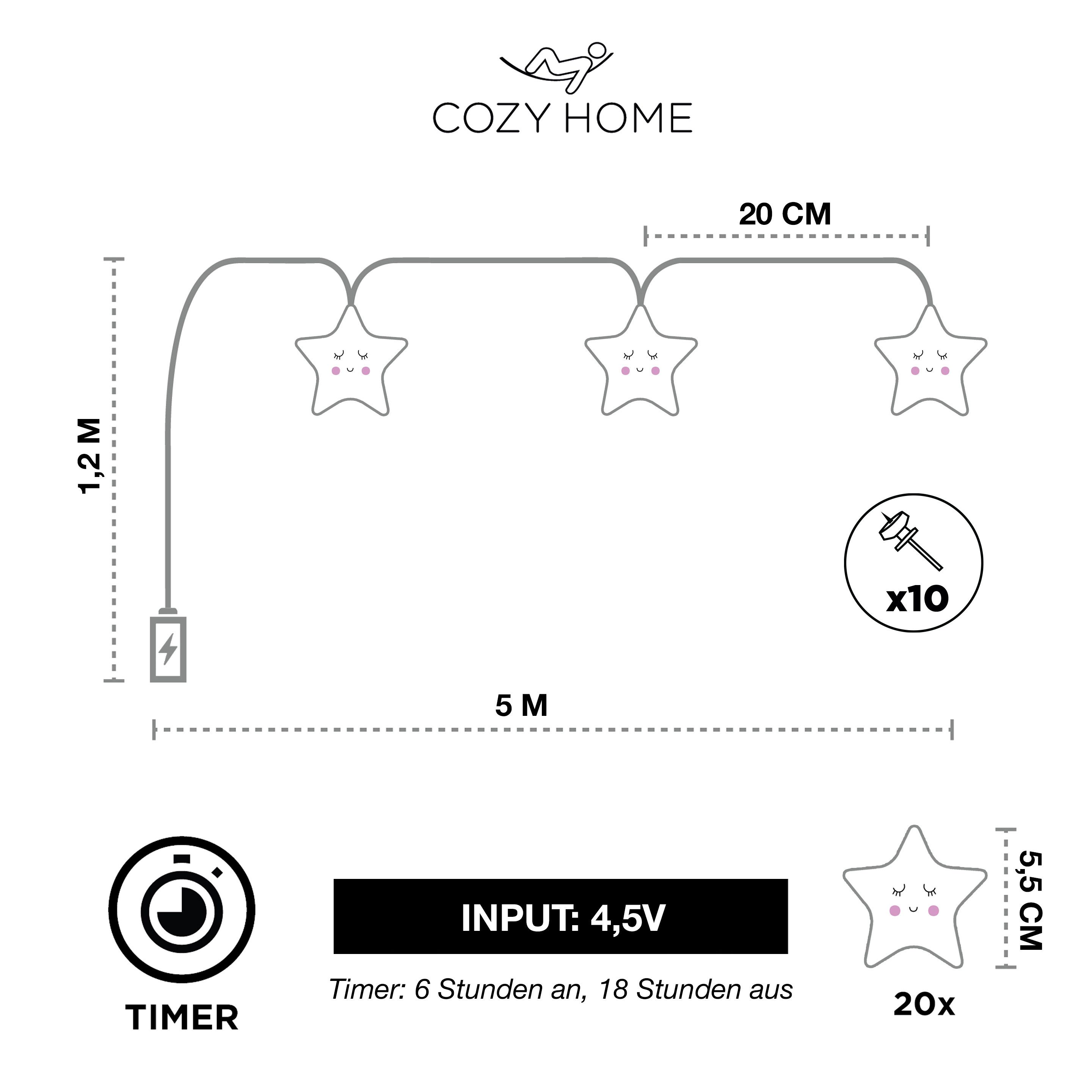 COZY HOME LED-Lichterkette Sternen Batterie und Stecker, 20 LED I 5m I Warmweiße LED-Stern Lichterkette I Kinderbett Bunt Deko