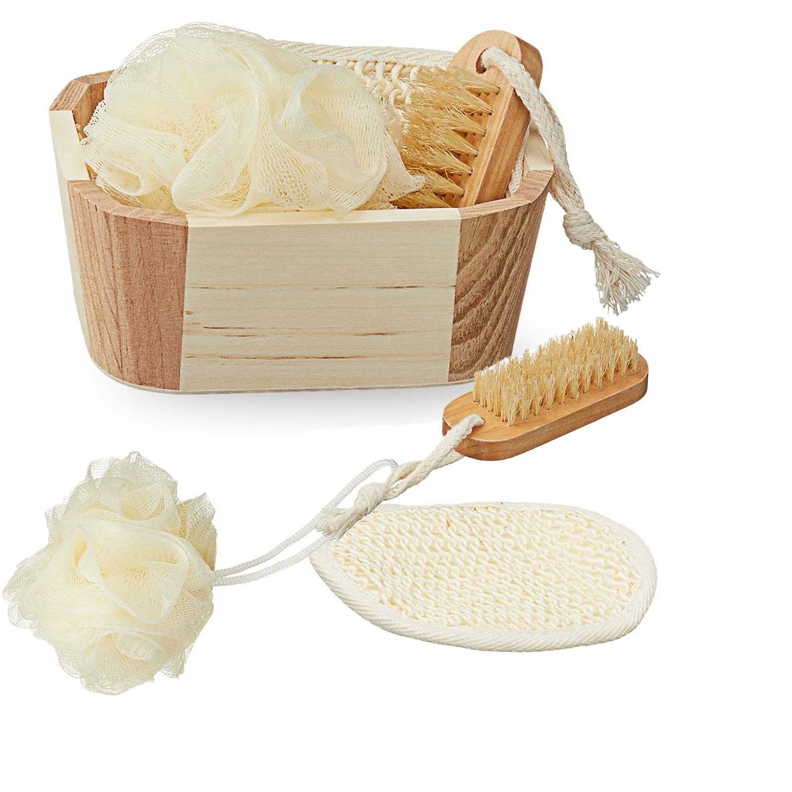 HTI-Living Holzkiste Badeset, klein mit Holzkorb (Set, 4 St., Nagelbürste, kleine Duschblume, Massagepad, Holzkorb), Badezubehör Badaccessoires