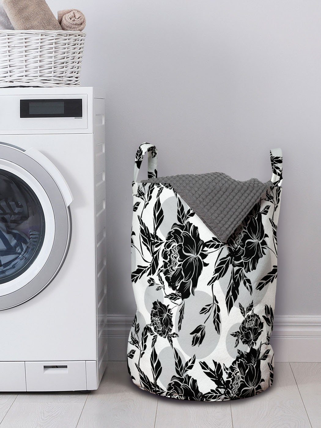 Abakuhaus Wäschesäckchen Wäschekorb mit Waschsalons, Pfingstrosen für Einfarbig Kordelzugverschluss und Grau Blobs Griffen