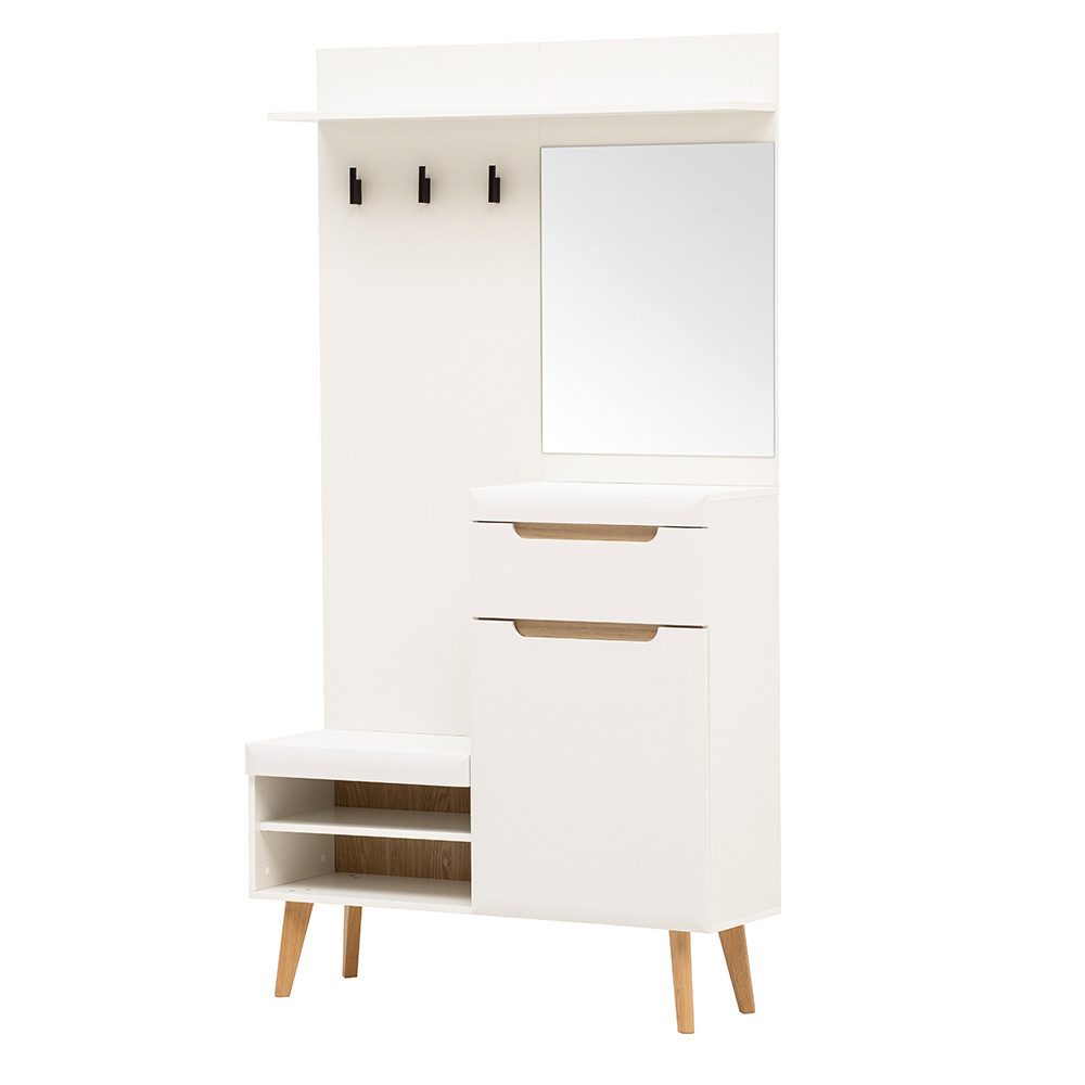 Lomadox Garderobenschrank STOCKTON-61 weiß mit Eiche Nb., für 4 Paar Schuhe, Spiegel, Ablage, Stauraum