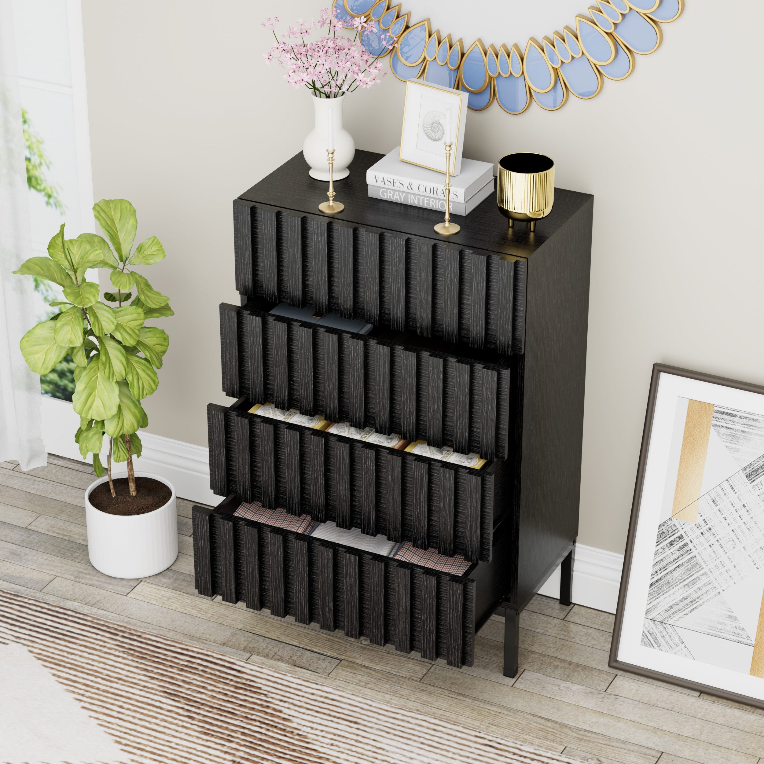 UEV Kommode schmal mit 4/5 Schublanden Sideboard Beistellschrank Buffet (Aufbewahrungskommode, Mehrzweckschrank aus Holz(Natur/Schwarz/Dunkelbraun), Schrank für Wohnzimmer,Schlafzimmer,Flur