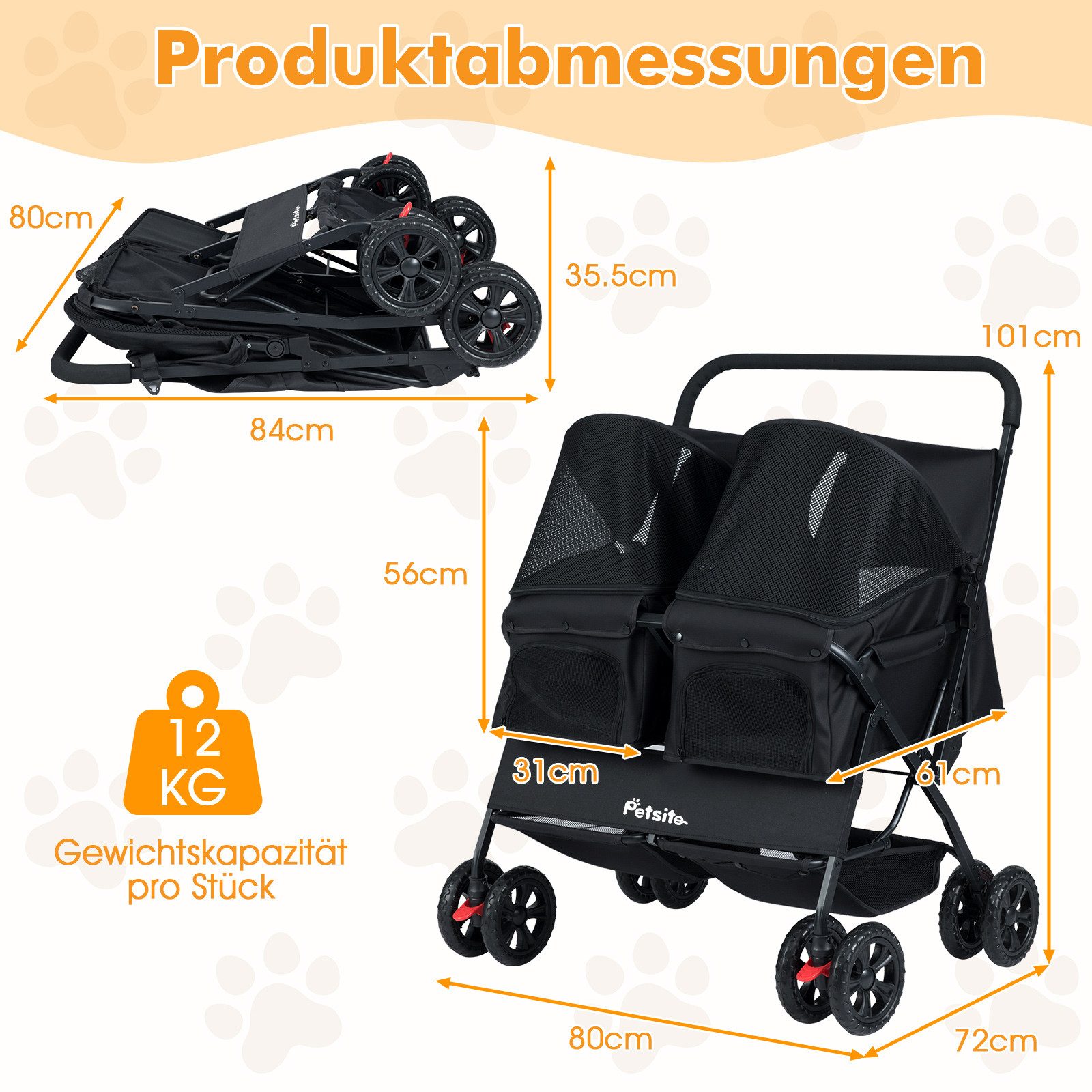 COSTWAY Hundebuggy, (1-tlg), 2-Sitzer Hundewagen, mit Sonnenschutz, Sicherheitsgurt, faltbar
