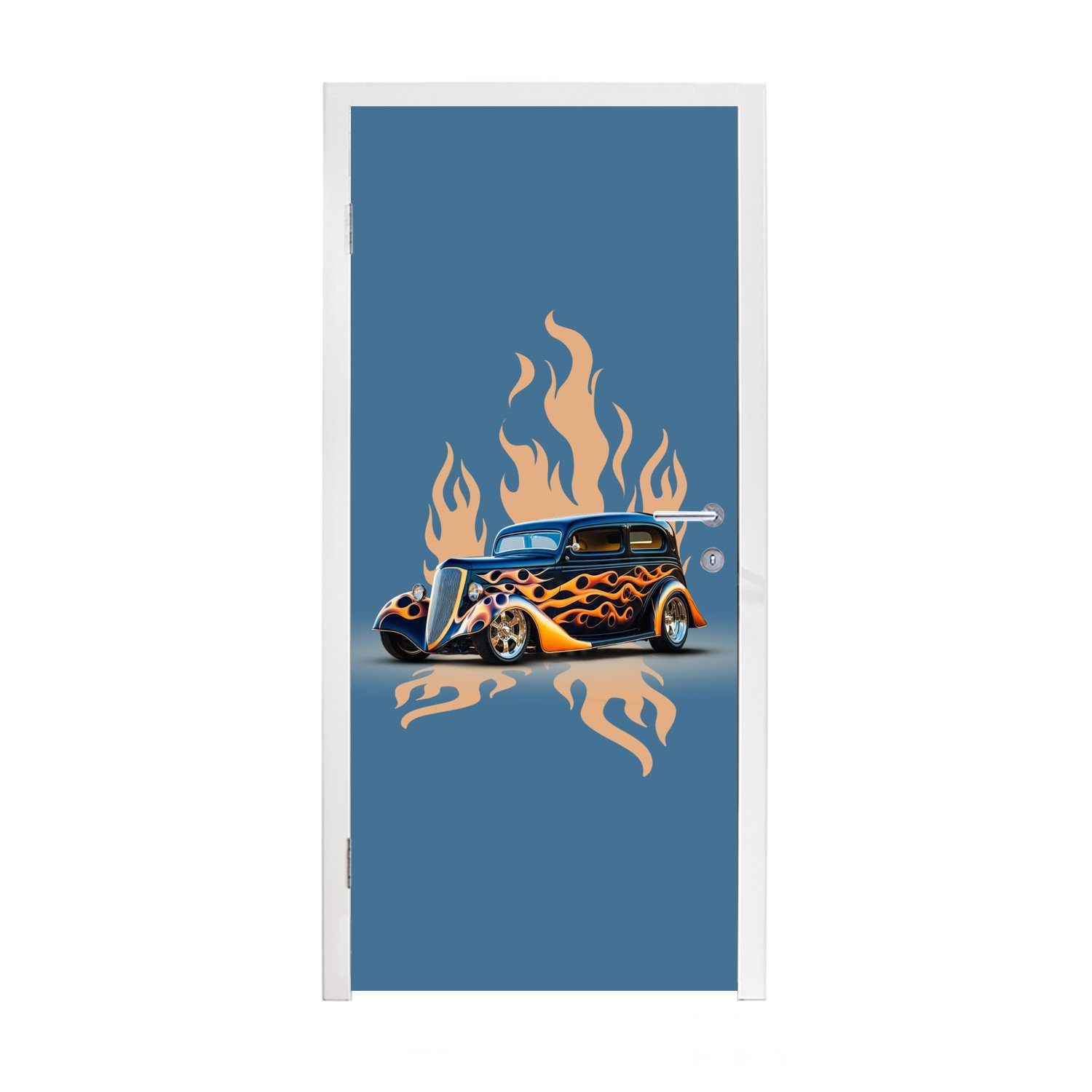 für Türaufkleber, - cm bedruckt, Matt, Fototapete Tür, - St), Blau Oldtimer - MuchoWow Flammen, (1 Türtapete Auto 75x205