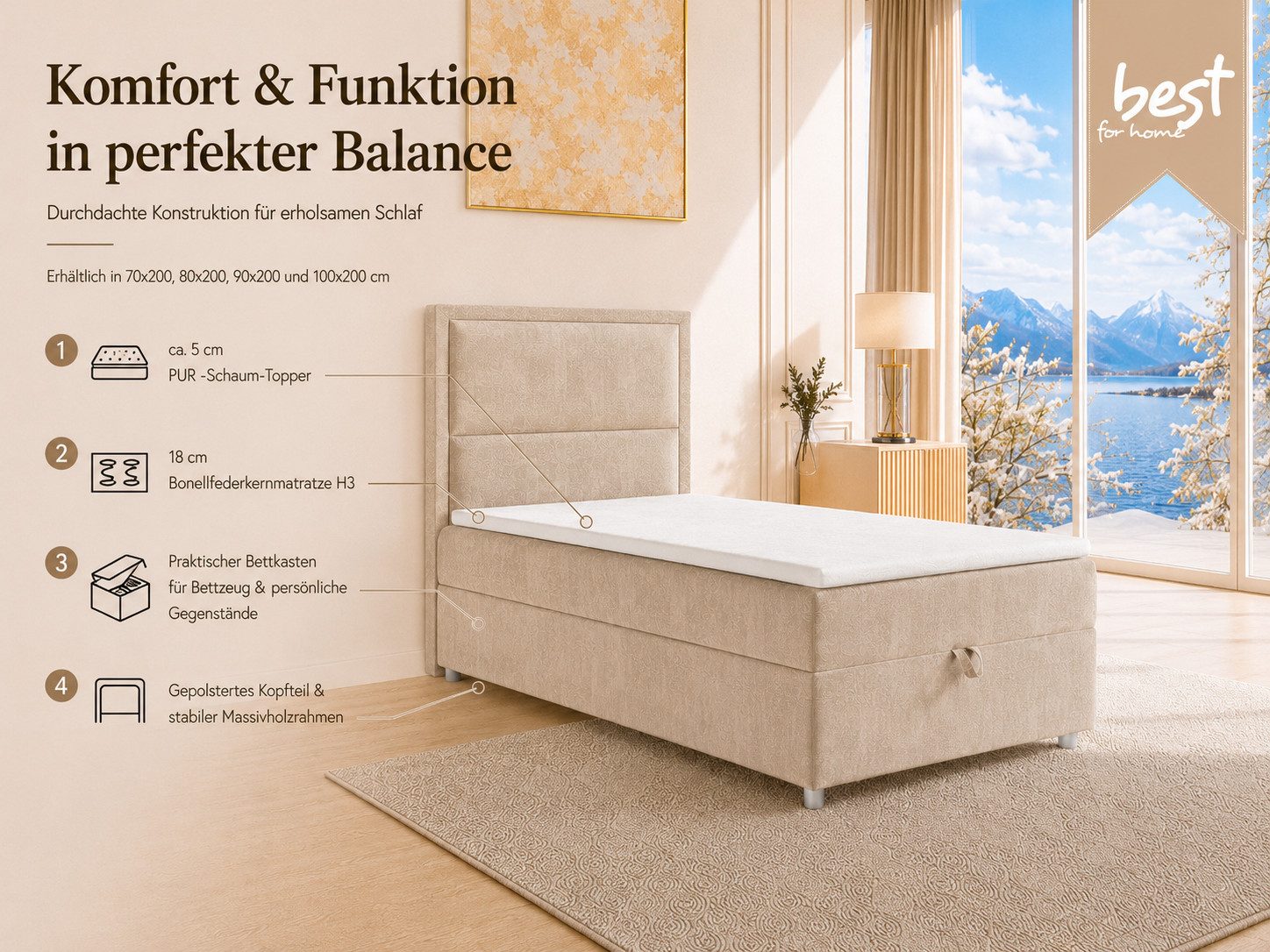 Best for Home Boxspringbett K-11 SINGLE mit Bettkasten, Bonellfederkern, Komfort Topper H3 (Hotelbett, Einzelbett, Kinderbett, Juniorbett, 5-St., 70x200 80x200 90x200 100x200 cm), Einzelbett mit integriertem Stauraum, gepolstertem Kopfteil
