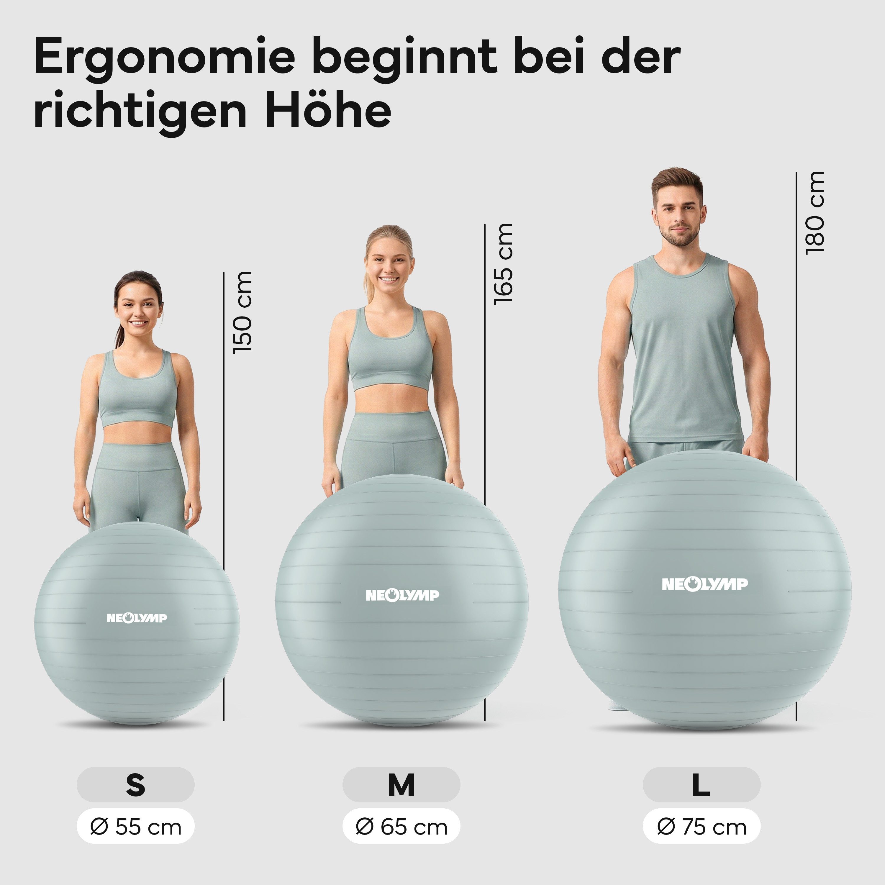 NEOLYMP Gymnastikball Sitzball Büro ergonomisch in 3 Größen S/M/L - bis 300 kg belastbar (Yoga Ball für Homeoffice, Core Training & Balance), Pilates Ball rutschfest & anti burst - Pezziball, Schwangerschaftsball
