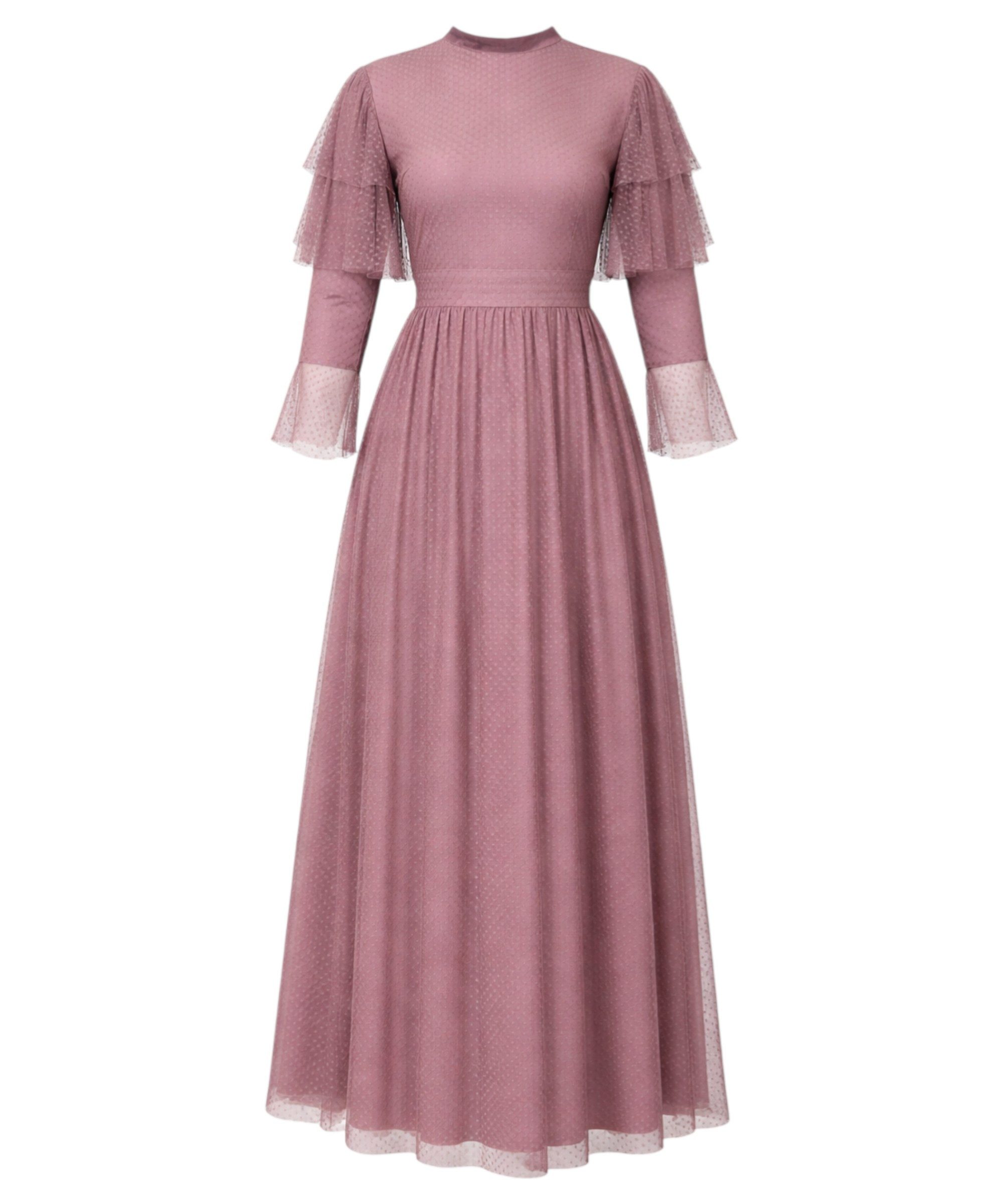 Modavitrini Tüllkleid Abendkleid Maxikleid aus gepunktetem Tüll langarm festlich elegant