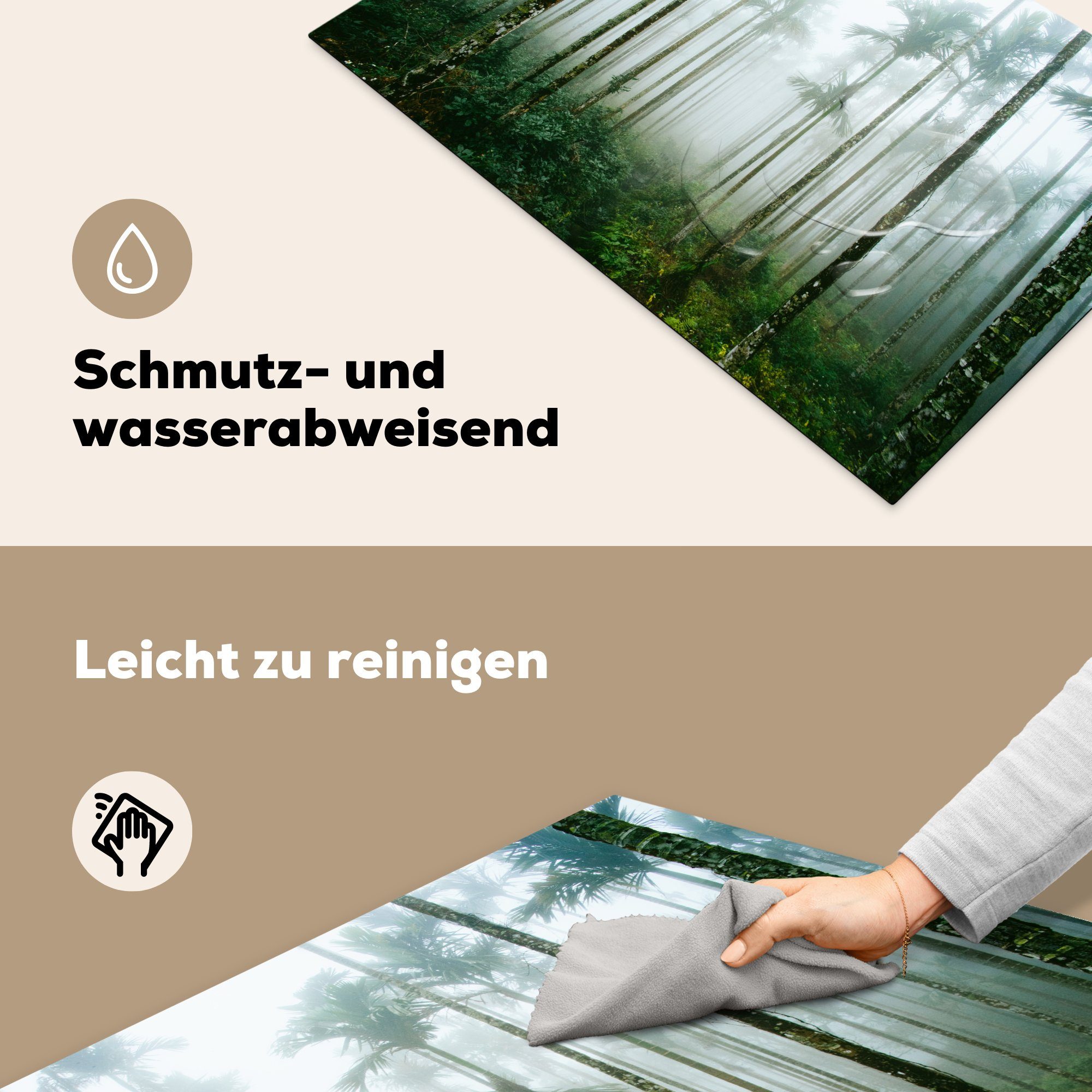 Vinyl, küche, Palmen tlg), für (1 Nebel, 81x52 cm, mit die Schutz Ein MuchoWow und Wald Herdblende-/Abdeckplatte Ceranfeldabdeckung Induktionskochfeld
