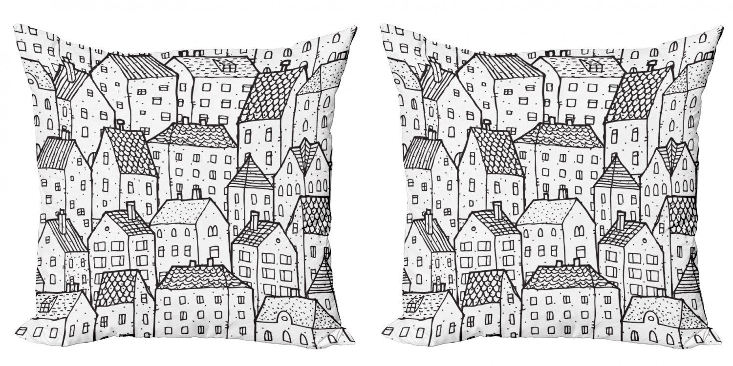 Digitaldruck, Häuser Simplistic Abakuhaus (2 Modern Accent Doppelseitiger Kissenbezüge Hand Stadt Stück), gezeichnete