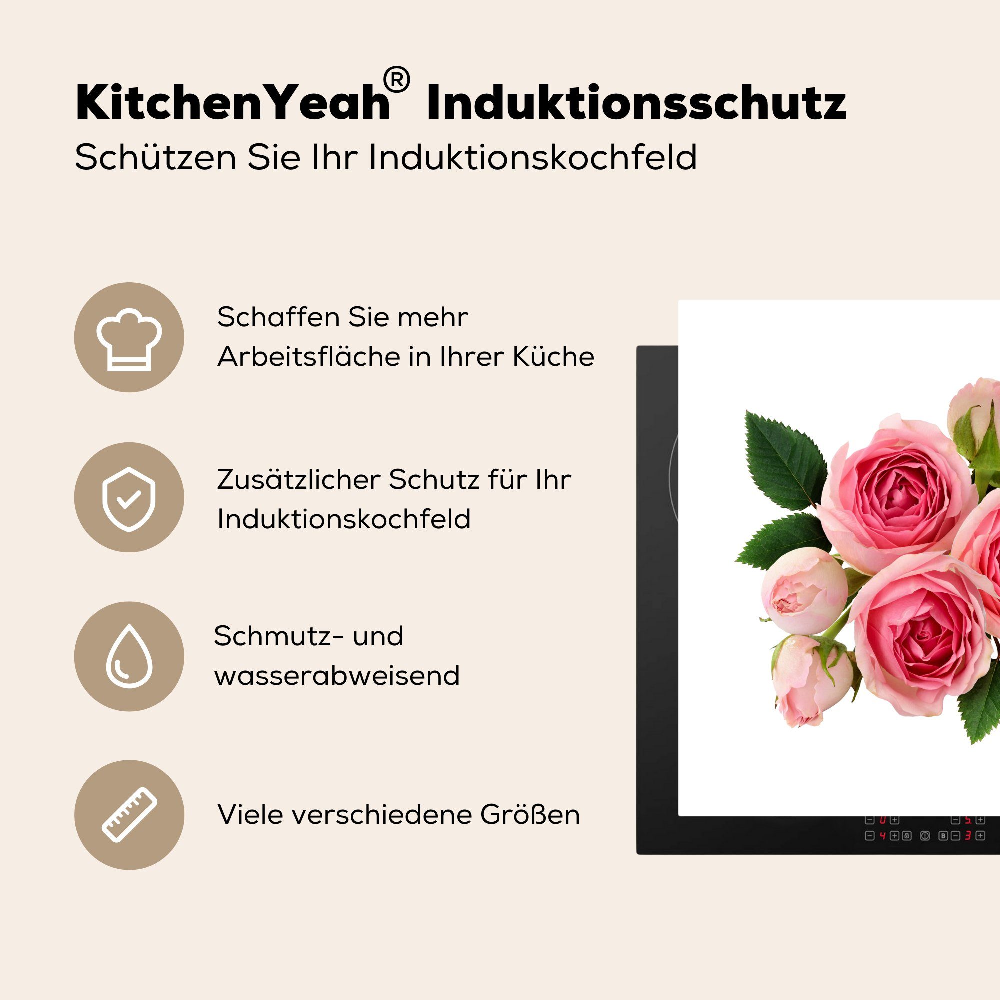 tlg), für küche Ceranfeldabdeckung, Arbeitsplatte Blumen Rosa, (1 MuchoWow - Vinyl, 78x78 Rosen cm, - Herdblende-/Abdeckplatte