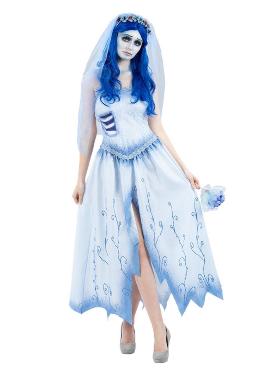 Smiffys Kostüm Corpse Bride Emily Kostüm, Hellblaues Hochzeitskleid der toten Braut aus dem Tim Burton-Film