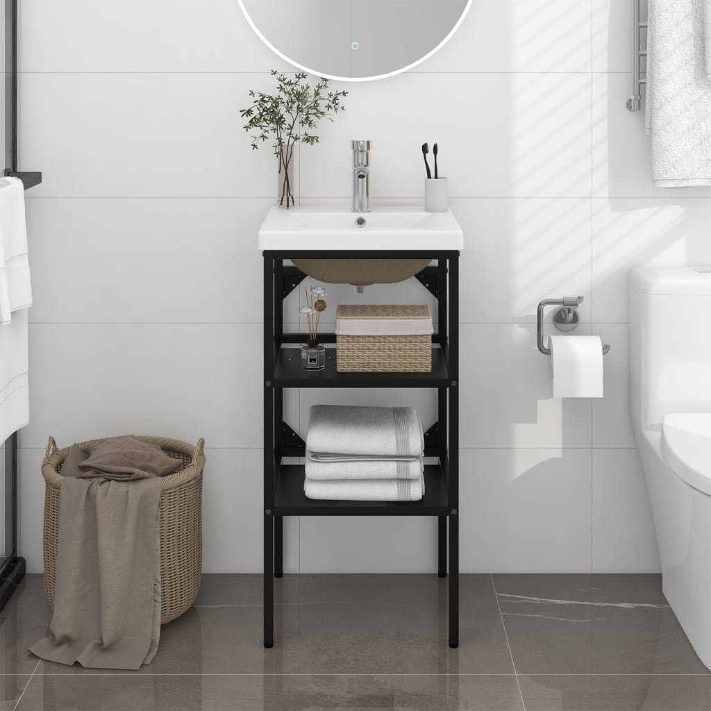 Waschbecken Badezimmerspiegelschrank mit Schwarz Eisen Badezimmer-Waschtischgestell vidaXL (1-St)