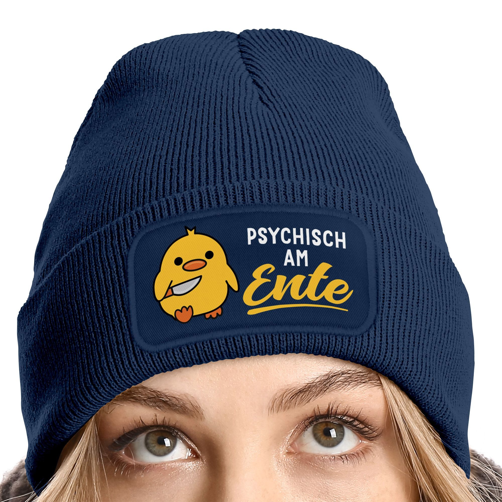 MoonWorks Strickmütze Damen Beanie Patch Strickmütze Spruch Meme Lustig Psychisch am Ente