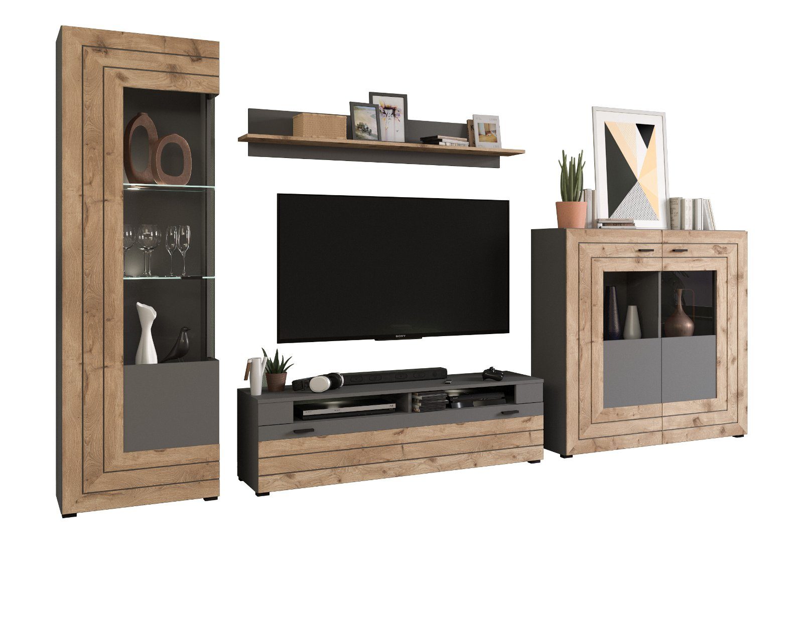 xonox.home Wohnwand Freno, (Wohnzimmer Set 4-teilig, BxH 350 x 194 cm), inklusive Beleuchtung