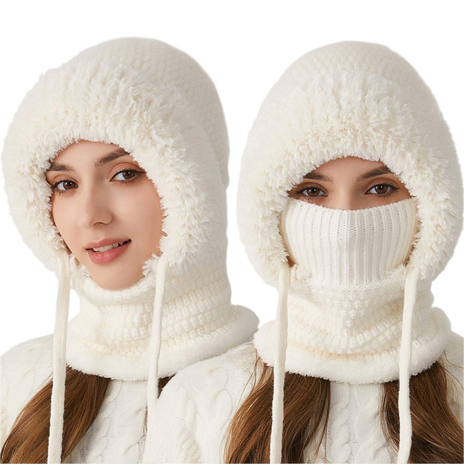 Refttenw Sturmhaube Fahrrad Wintermütze Damen Strickmütze mit Schal & Windmaske (1-St) warmes Fellfutter & verstellbarer Tunnelzug