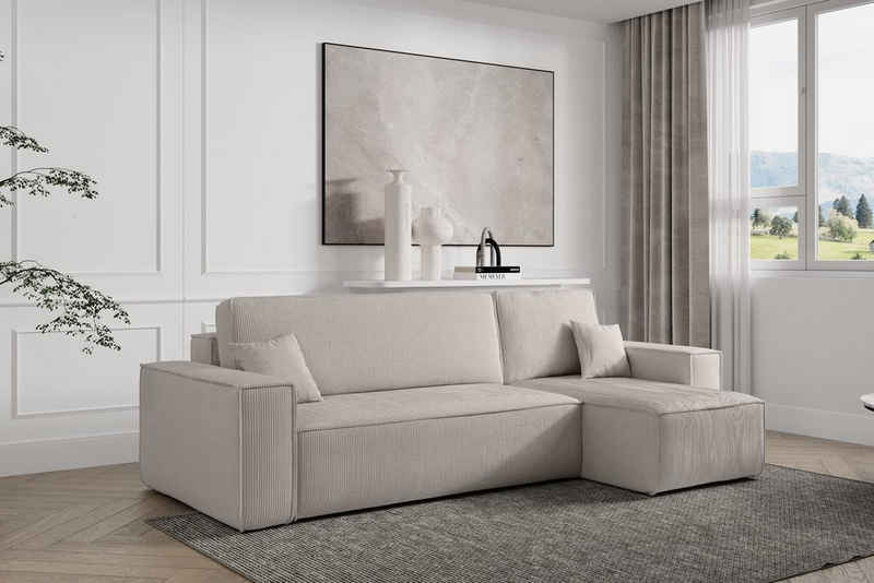 Compleo Ecksofa TOKYO, L-form Ecke, mit universelle Ottomane und Schlaffunktion, Cord, Breite 244 cm, mit Bettkasten, Modern Wohnzimmer