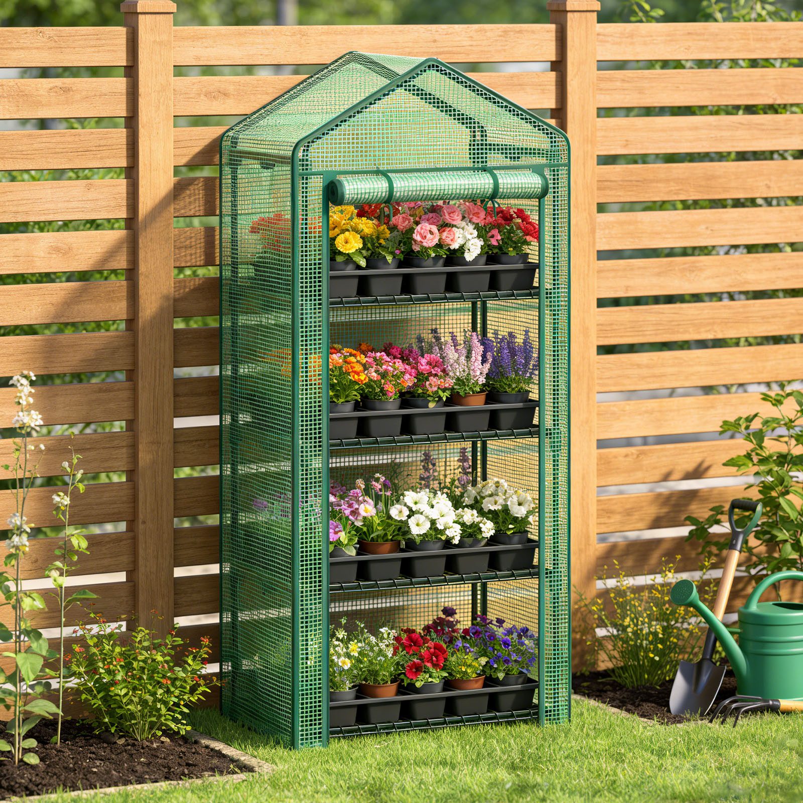 Huracan Gewächshaus Balkon Garten, 4-Etagen Foliengewächshaus 68×49×158 cm, Winterfestes Tomatengewächshaus Stabil 1-St., Platzsparendes Überwinterungszelt mit Reißverschlusstür, Wind- & Wetterfest, Grün