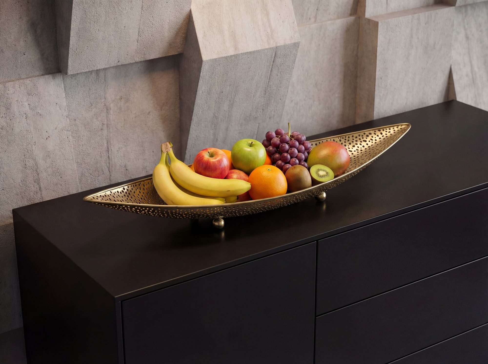 FINEBUY Obstschale FB77778 Früchtekorb Metall 60cm Dekoschale Obstkorb Oval, Metall, (Schöner Früchtekorb in schicker Lochoptik), Länglicher Dekoteller aus lackiertem Eisen