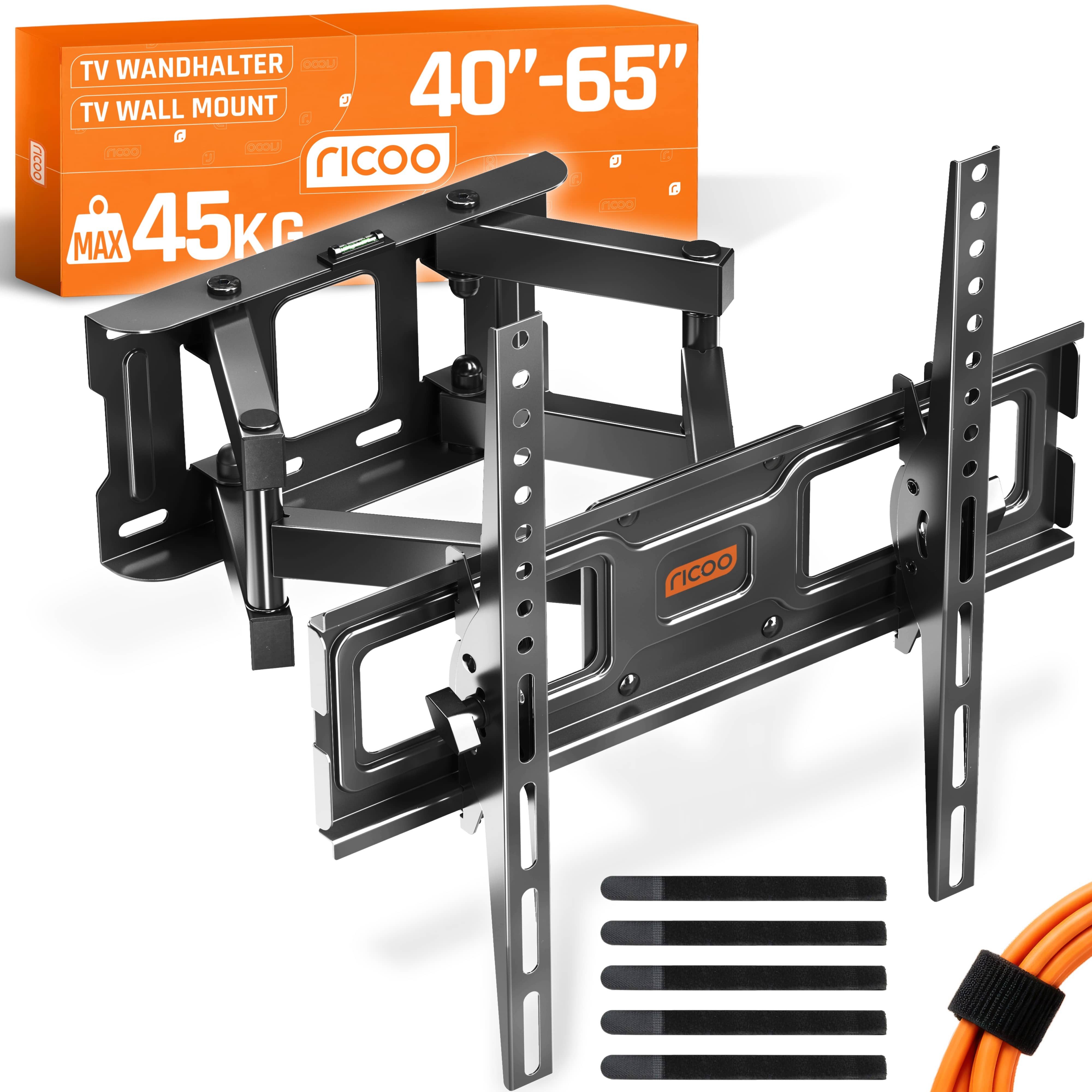 RICOO TV-Wandhalterung TV Wandhalterung 43" 47" 50" 55" 65" max 45 Kg schwenkbar S6244, (bis 65 Zoll, VESA 200x200 bis 400x400, 1-tlg., vollbeweglich ausziehbar neigbar ausziehbar 40" bis 65" Halterung, bis 15° Neigung, bis zu 120° Schwenkung Fernseher Halter universal)