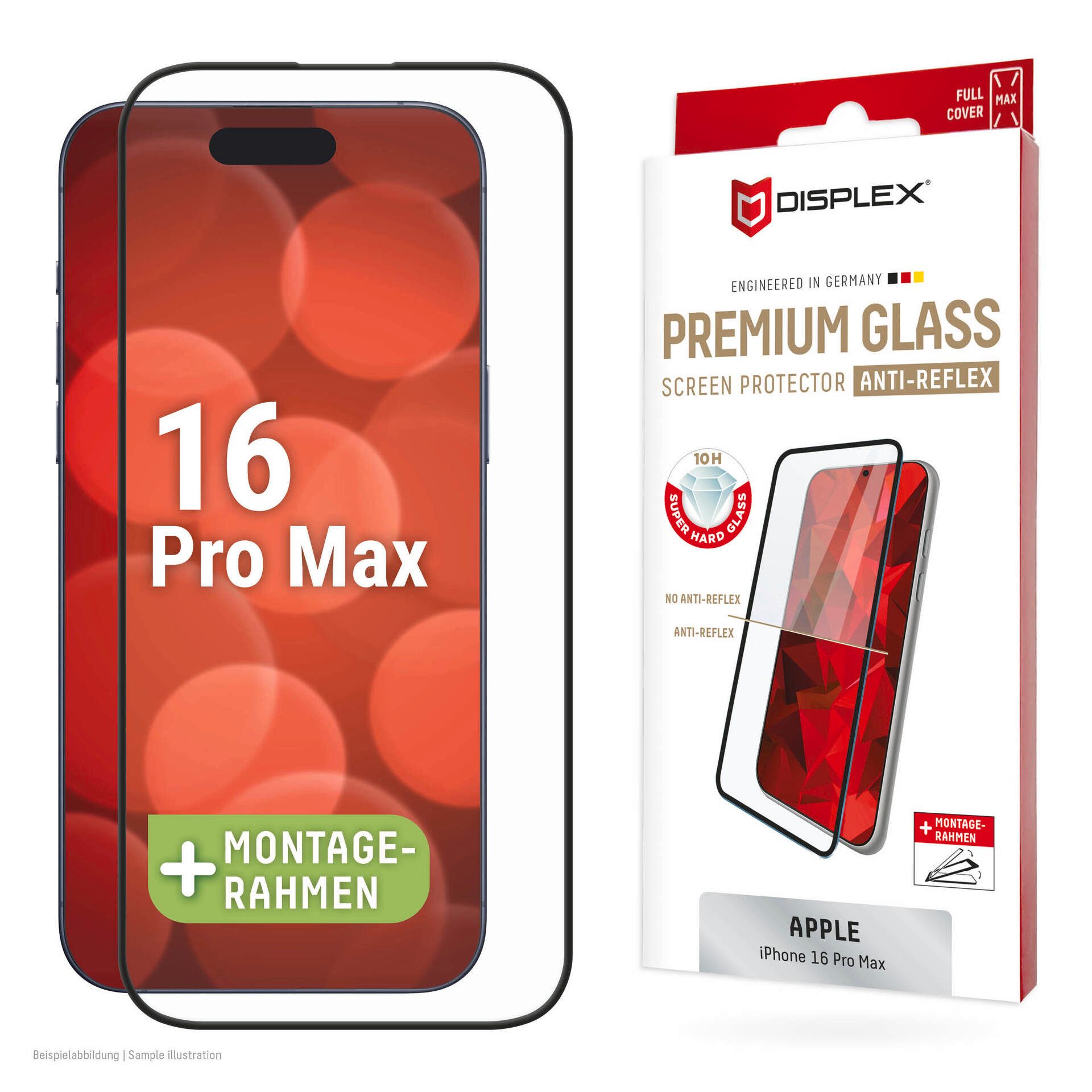 Displex Displayschutzglas Premium Glass Full Cover Anti-Reflex für Apple iPhone 16 Pro Max, 1 Stück, Displayschutzfolie, Schutzfolie, Bildschirmschutz, kratz- & stoßfest